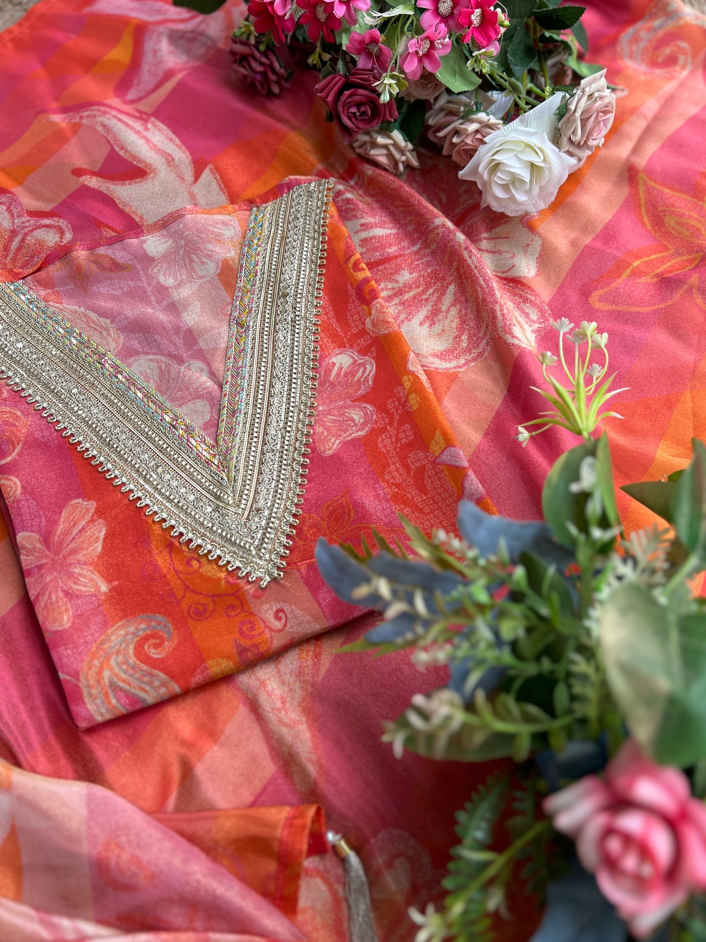 Vibrant Floral dual tone Shimmer Silk semistched suit
