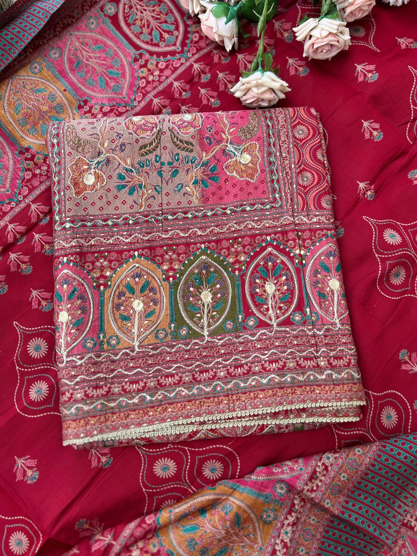 Regal Grace: Sabyasachi-Inspired Gota-Embellished Modal Maslin Suit Set