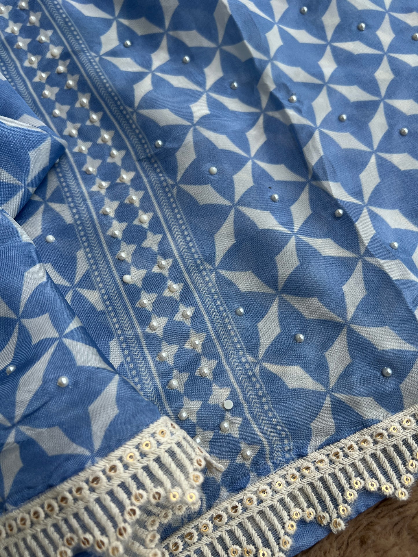 Chic Crepe Organza Semi-Stitched Geometric Print with Beads and Lace
