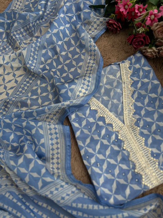 Chic Crepe Organza Semi-Stitched Geometric Print with Beads and Lace