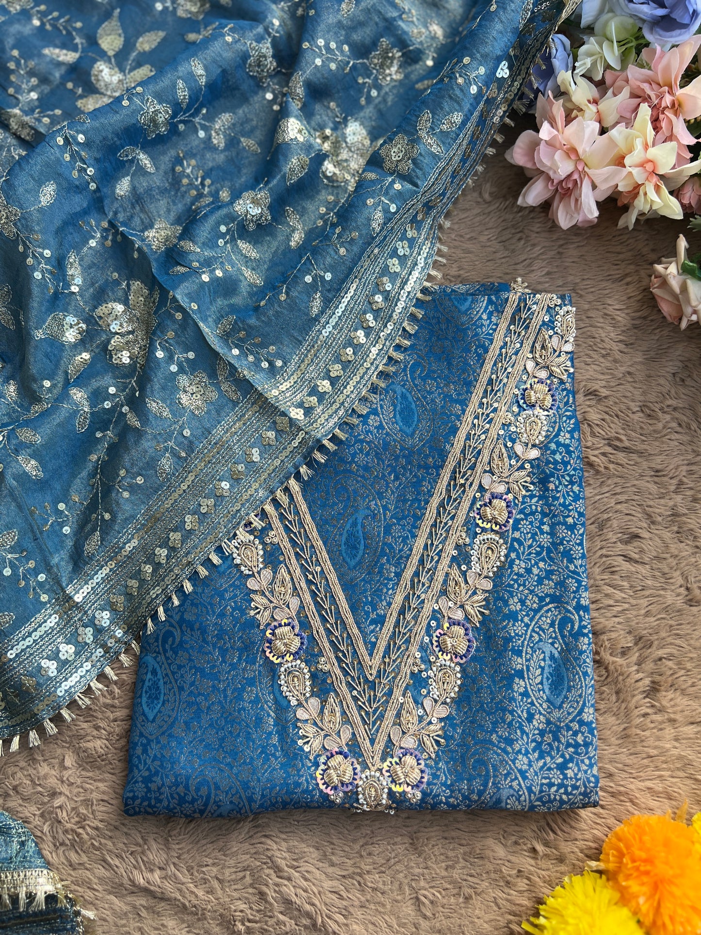 Brocade Banarasi Handwork Suit with Embroidered Dupatta – Timeless Elegance