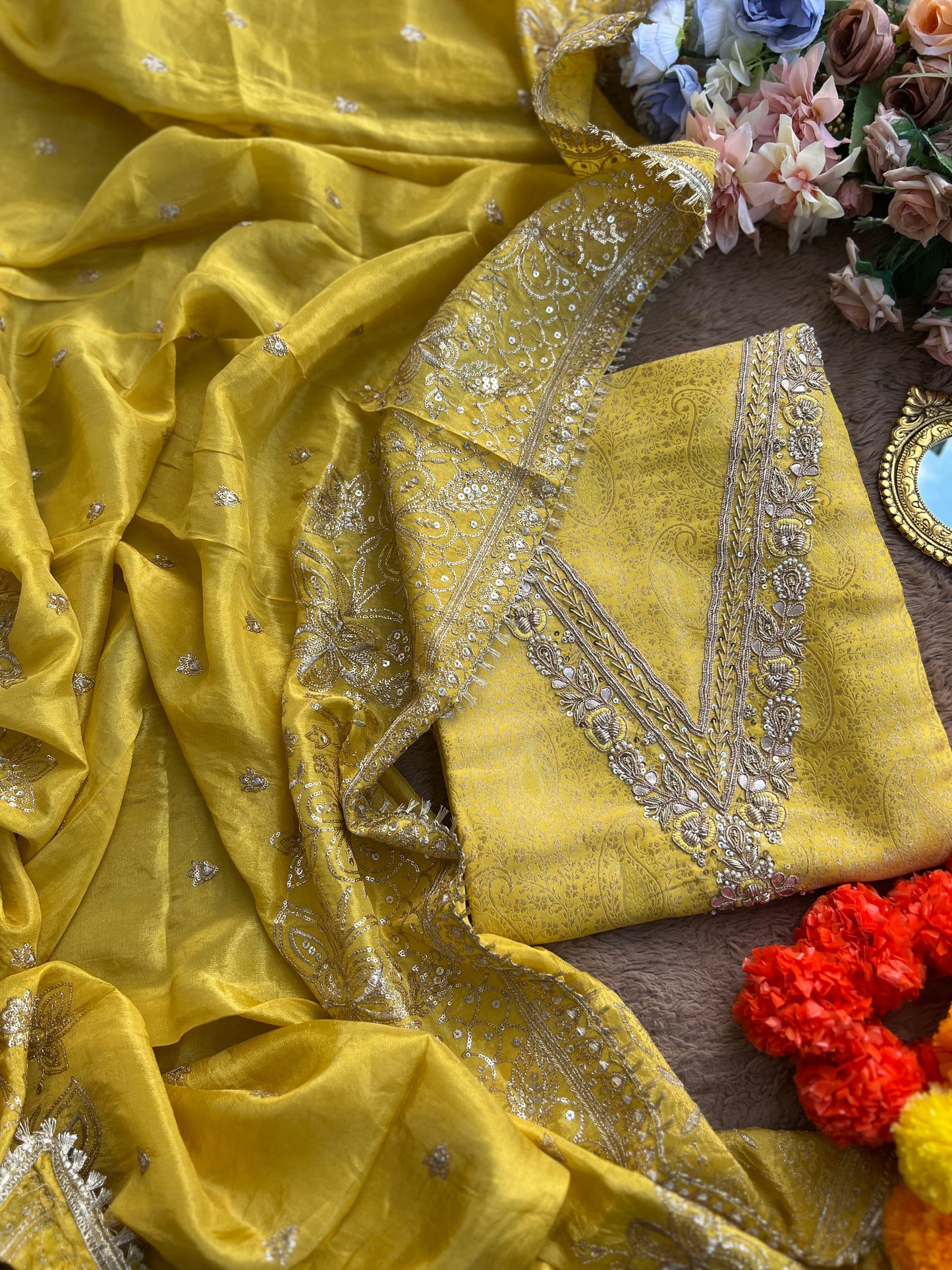 Brocade Banarasi Handwork Suit with Embroidered Dupatta – Timeless Elegance