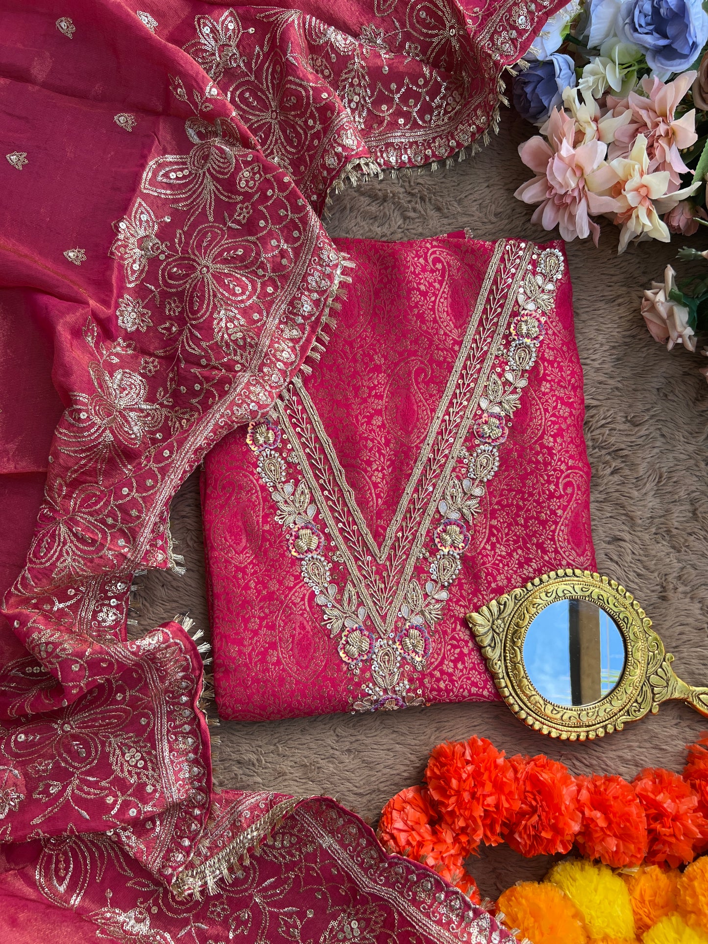 Brocade Banarasi Handwork Suit with Embroidered Dupatta – Timeless Elegance