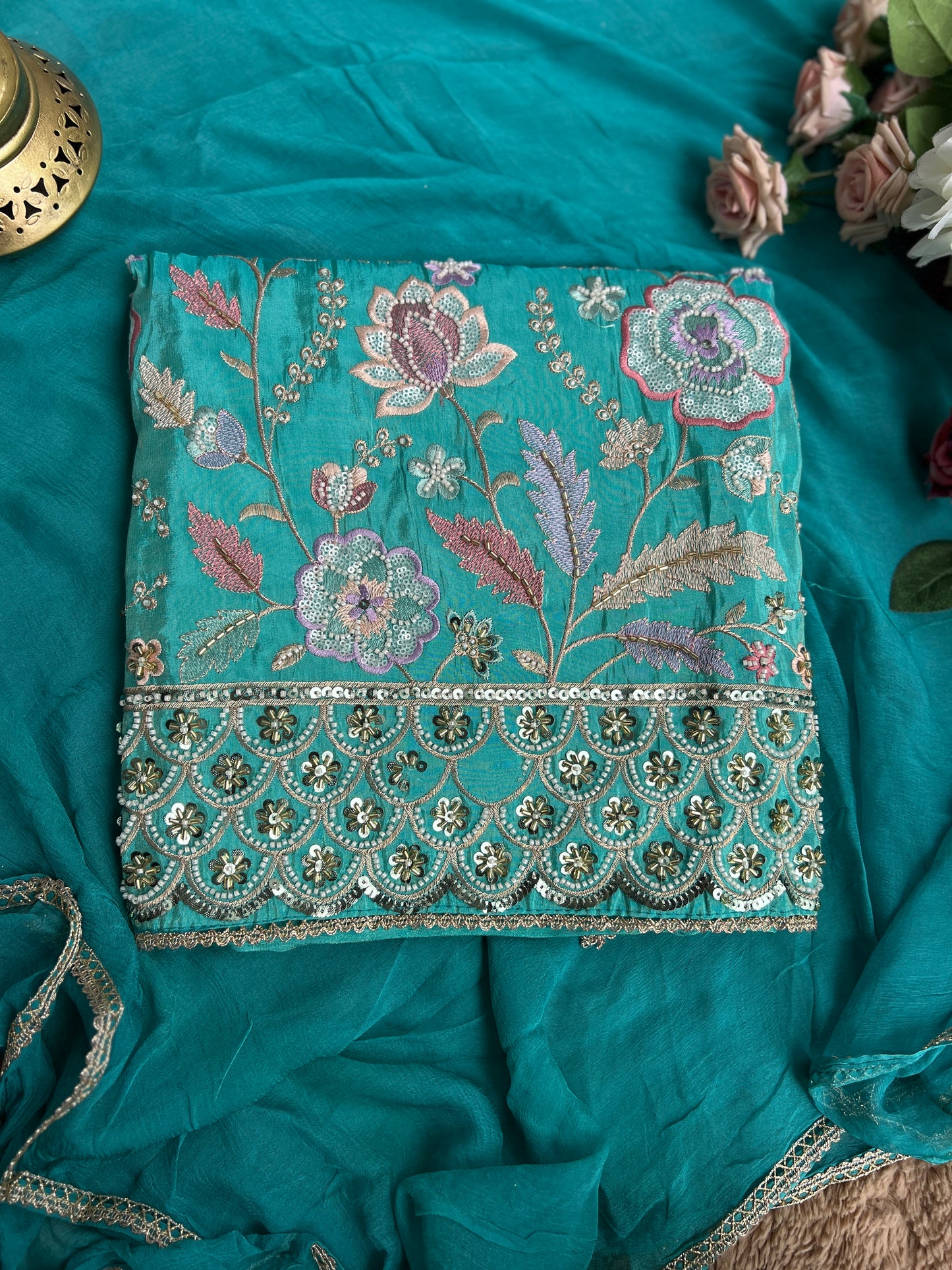 Shimmer Silk Suit with Bead & Pearl Embroidery