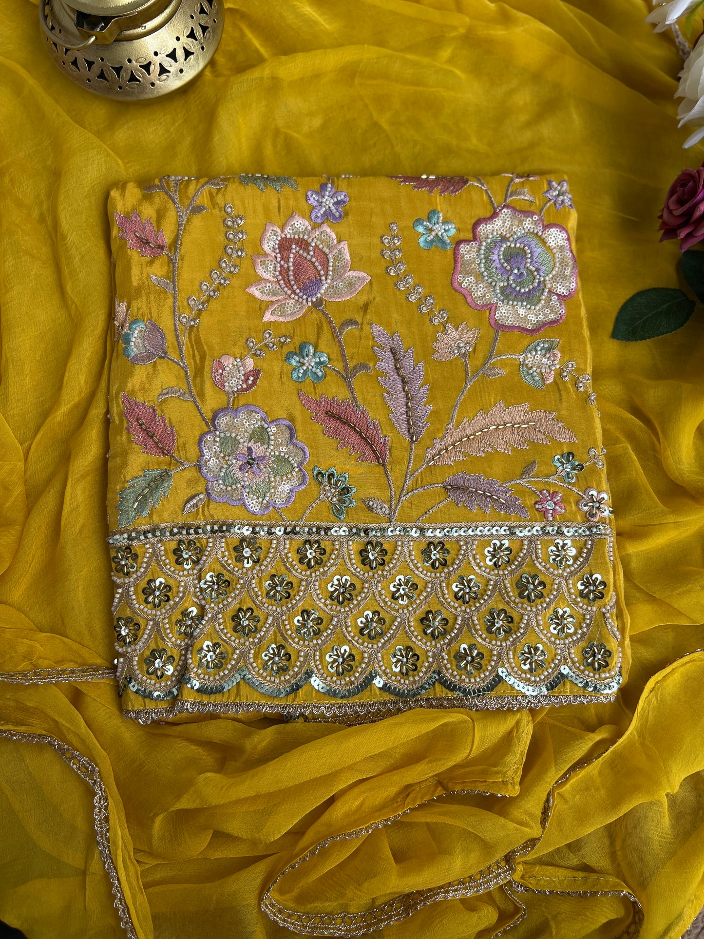 Shimmer Silk Suit with Bead & Pearl Embroidery