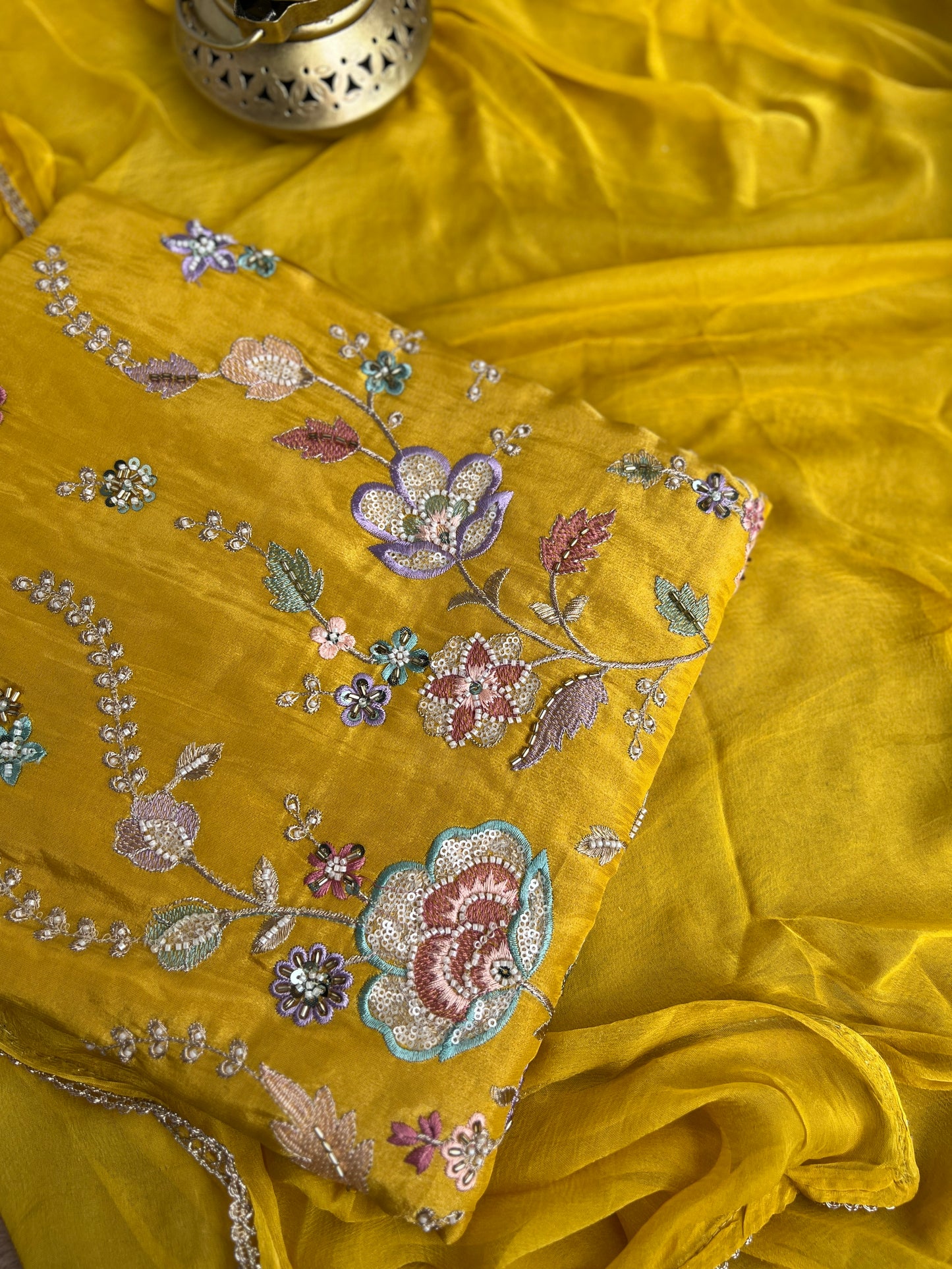 Shimmer Silk Suit with Bead & Pearl Embroidery