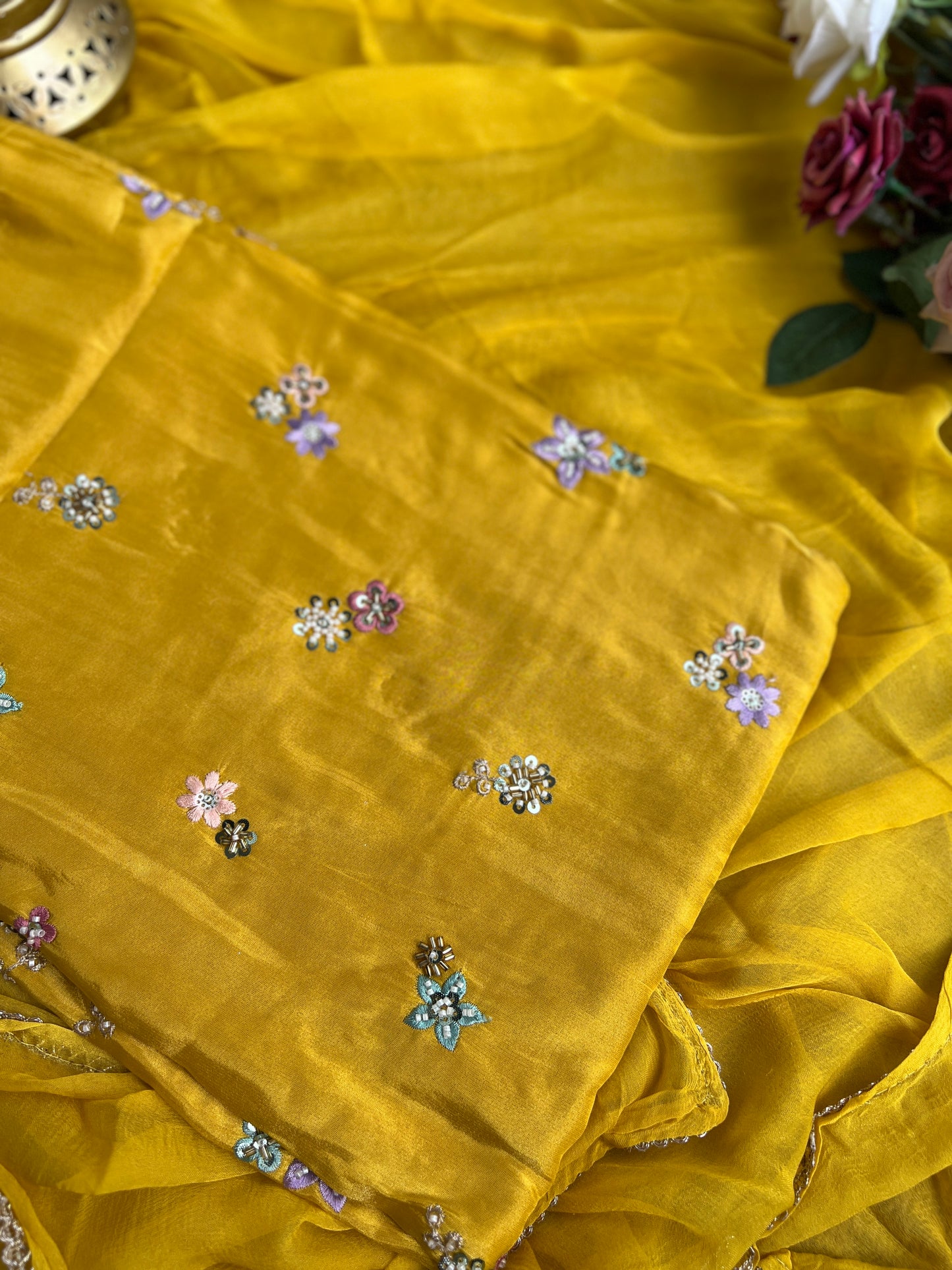 Shimmer Silk Suit with Bead & Pearl Embroidery