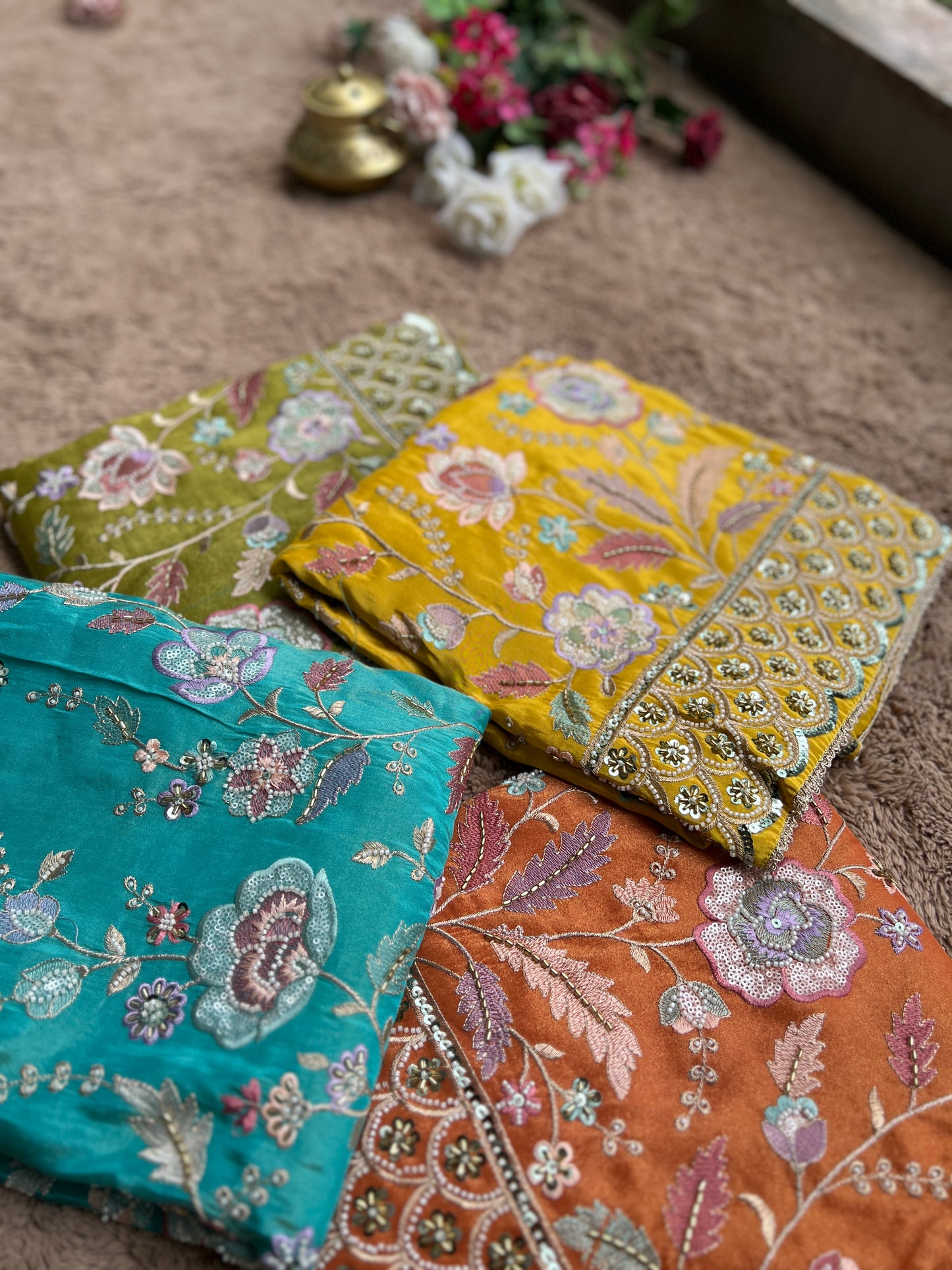 Shimmer Silk Suit with Bead & Pearl Embroidery