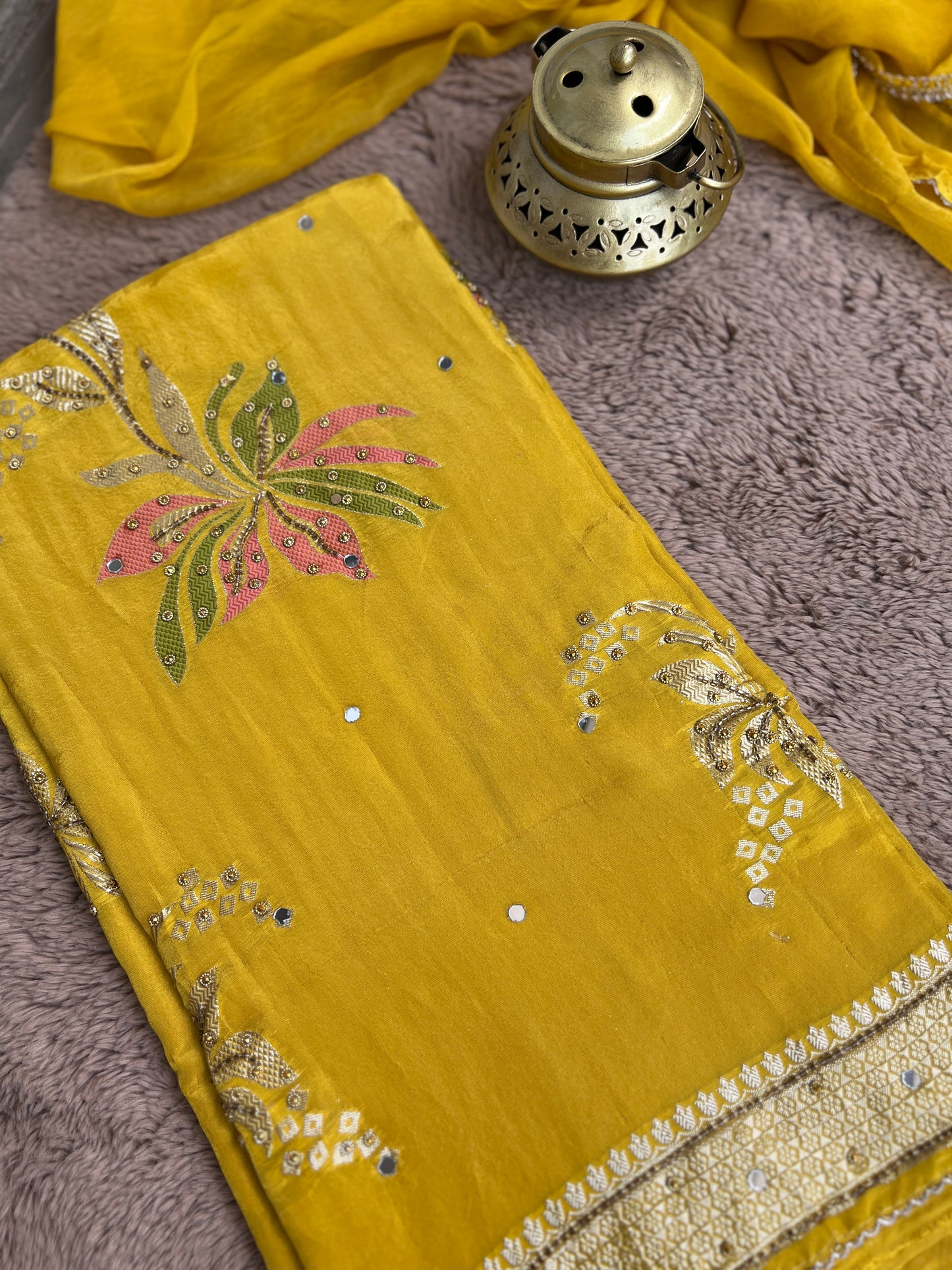 Exquisite Shimmer Jacquard Banarasi Floral Embroidered Suit Set
