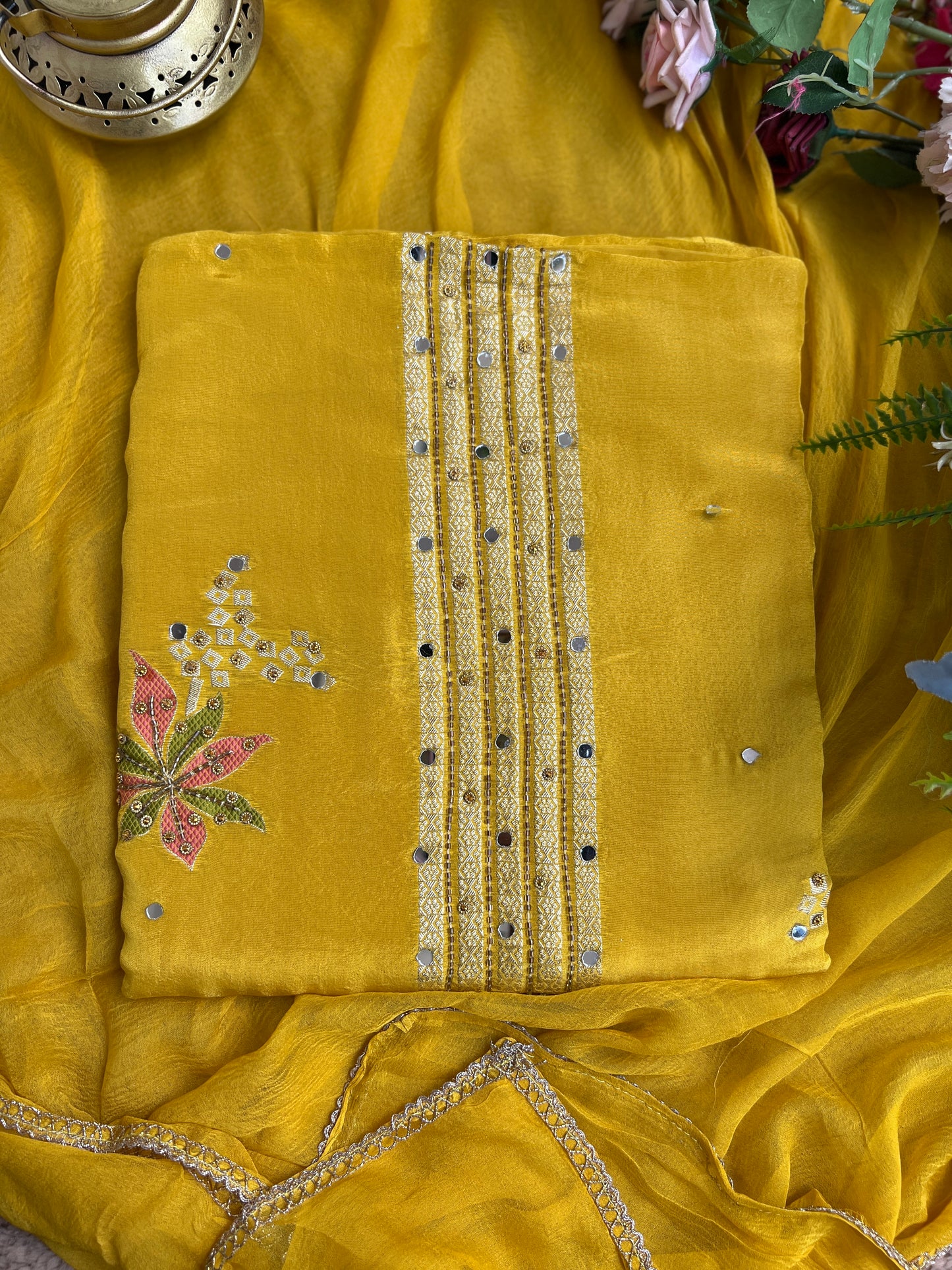 Exquisite Shimmer Jacquard Banarasi Floral Embroidered Suit Set