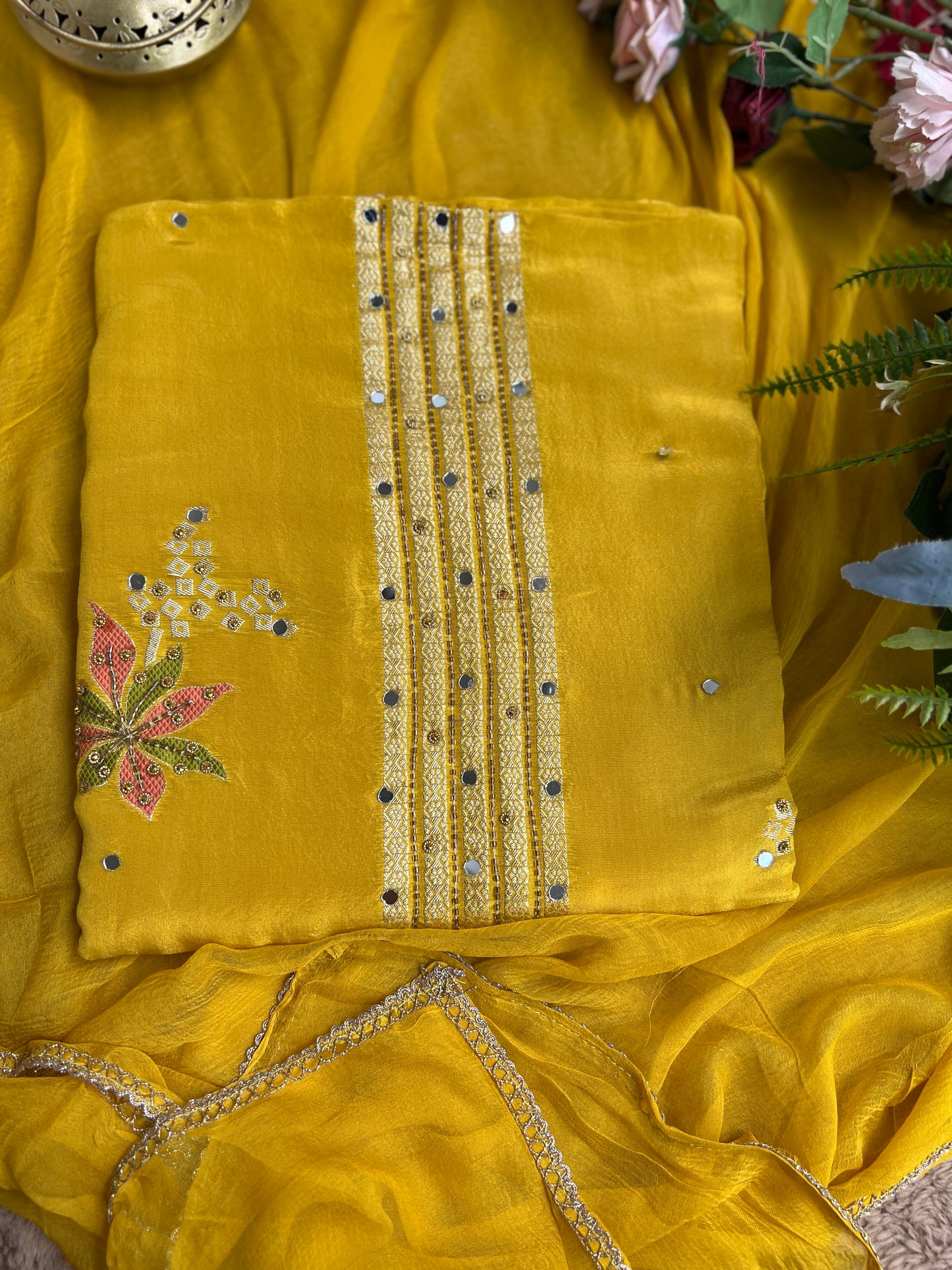 Exquisite Shimmer Jacquard Banarasi Floral Embroidered Suit Set