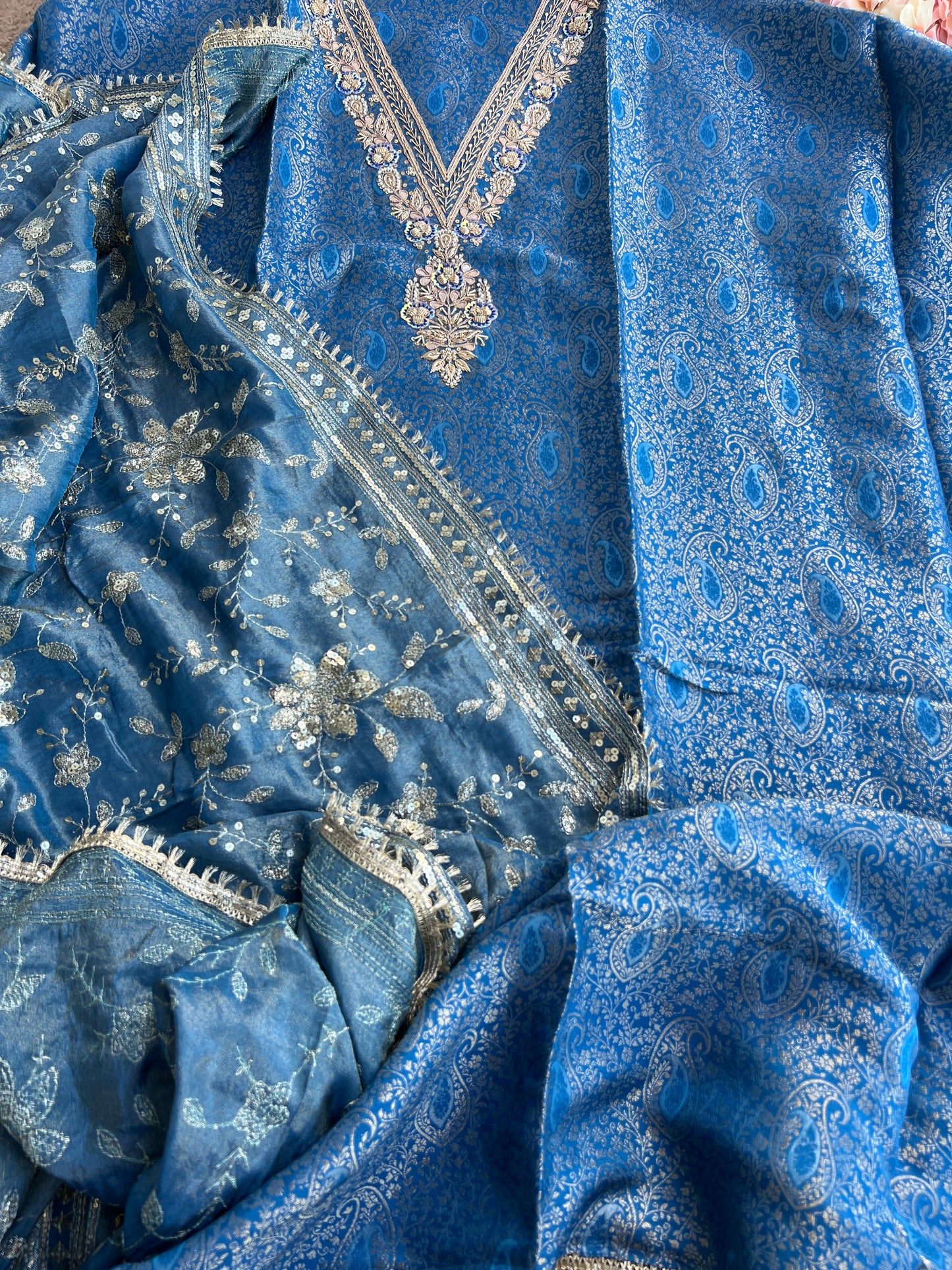 Brocade Banarasi Handwork Suit with Embroidered Dupatta – Timeless Elegance