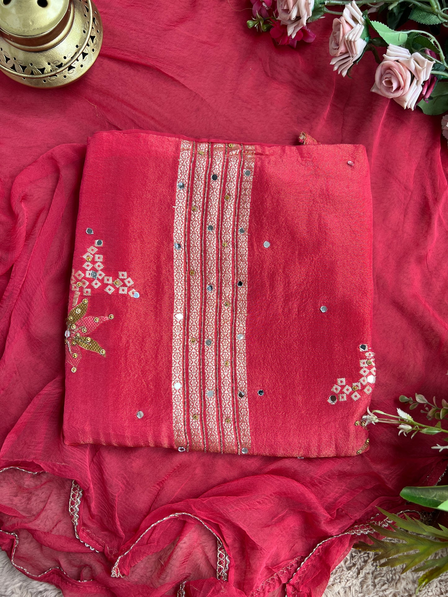 Exquisite Shimmer Jacquard Banarasi Floral Embroidered Suit Set