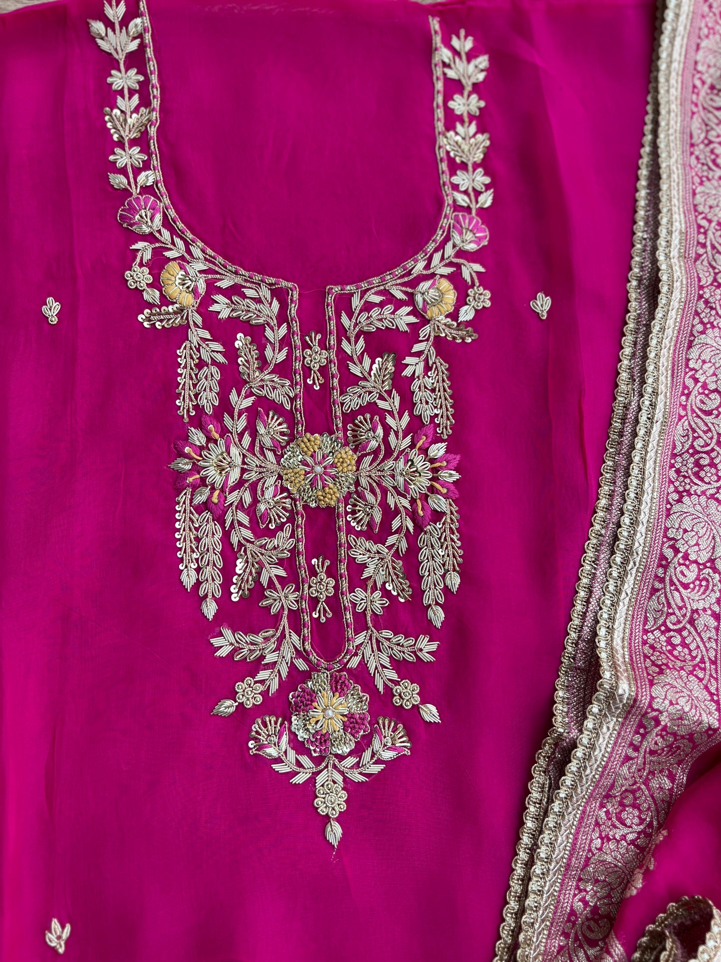 Fuchsia Russian Crepe Suit with Intricate Hand Embroidery & Georgette Banarasi Dupatta