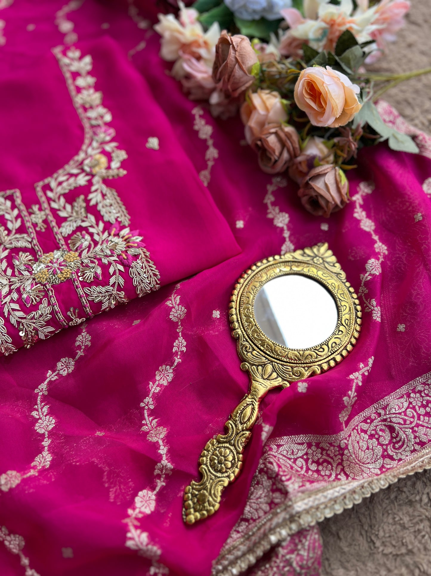 Fuchsia Russian Crepe Suit with Intricate Hand Embroidery & Georgette Banarasi Dupatta