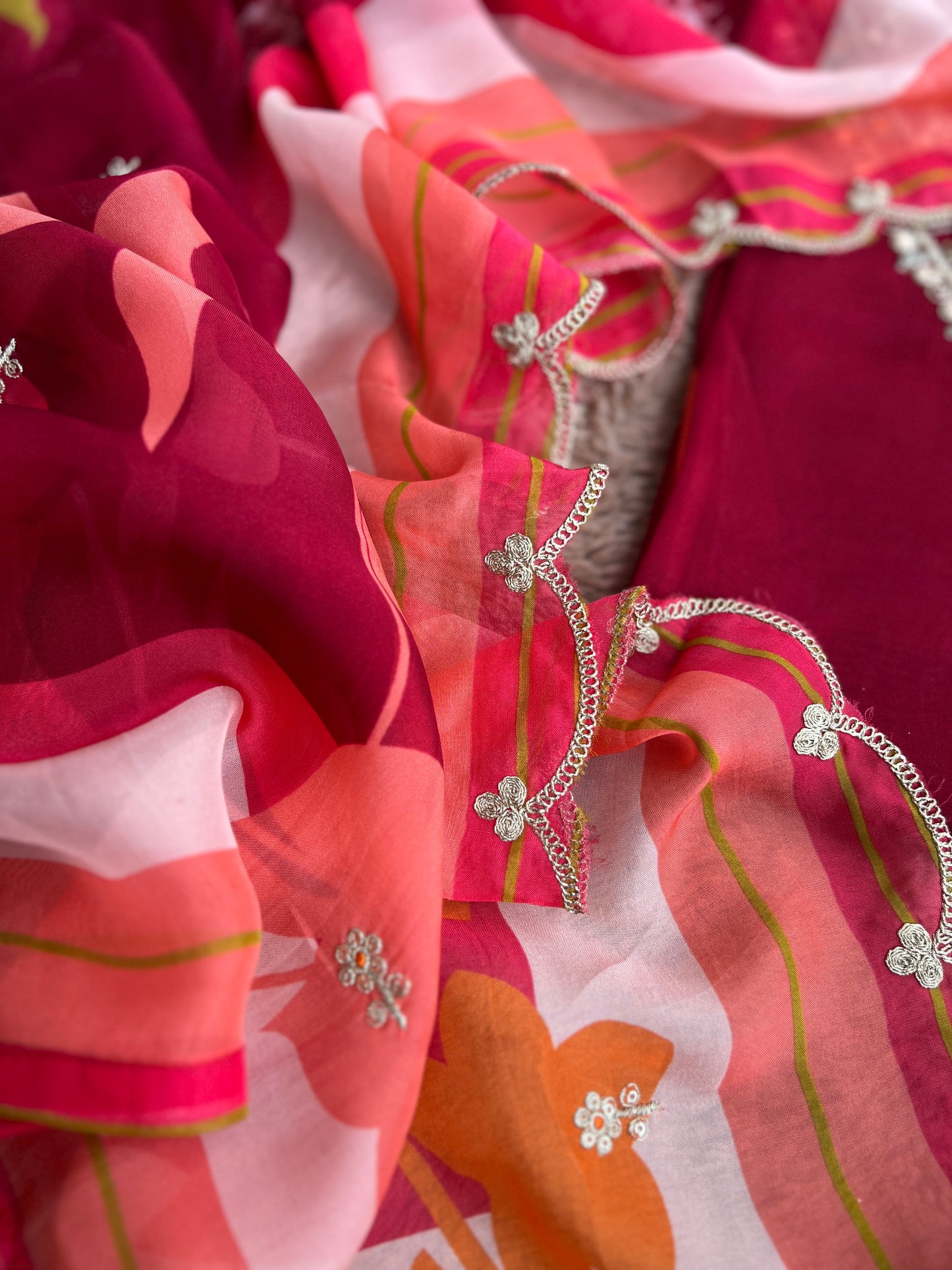 Red Floral Organza Semi-Stitched Salwar Suit