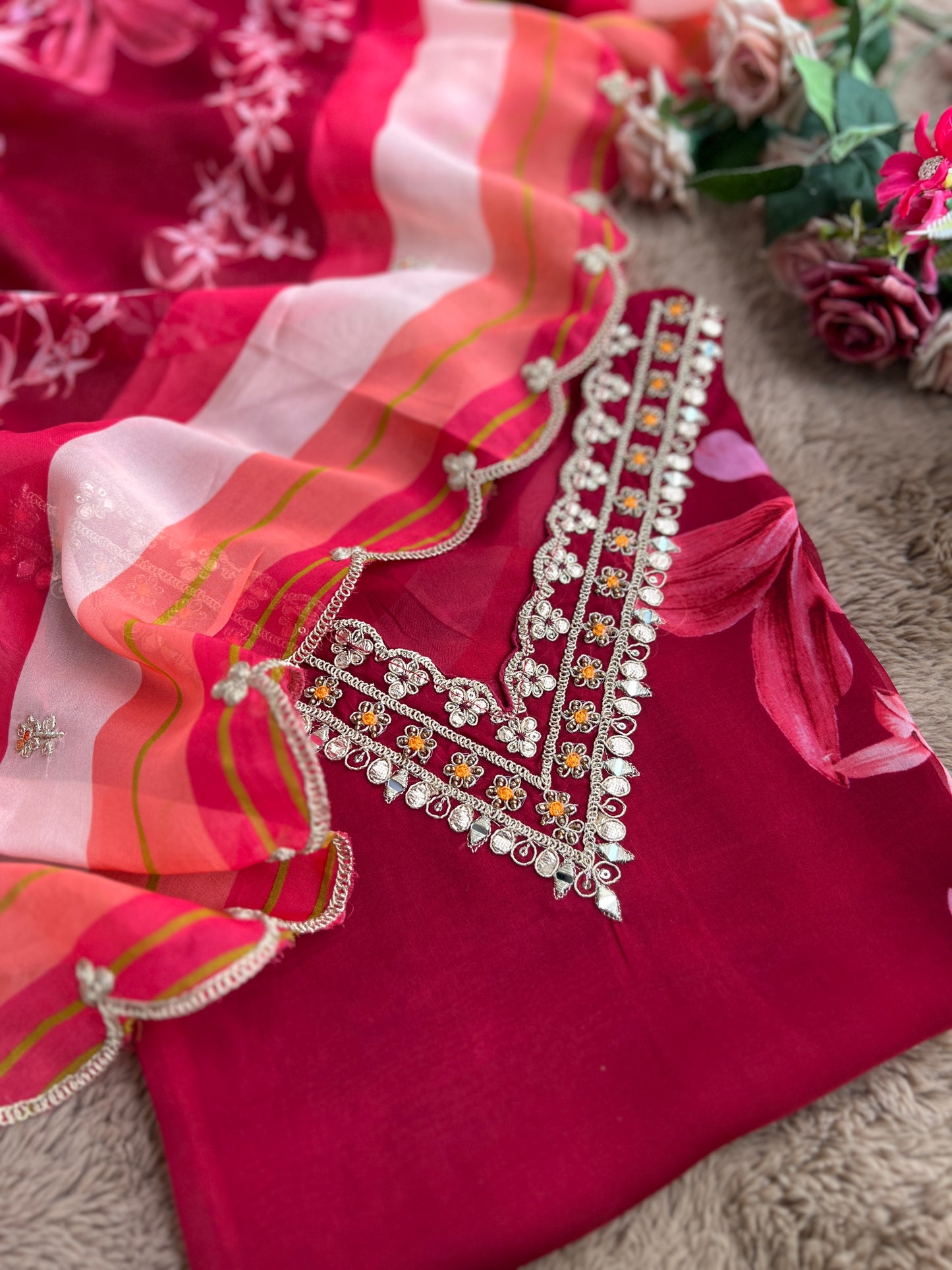 Red Floral Organza Semi-Stitched Salwar Suit