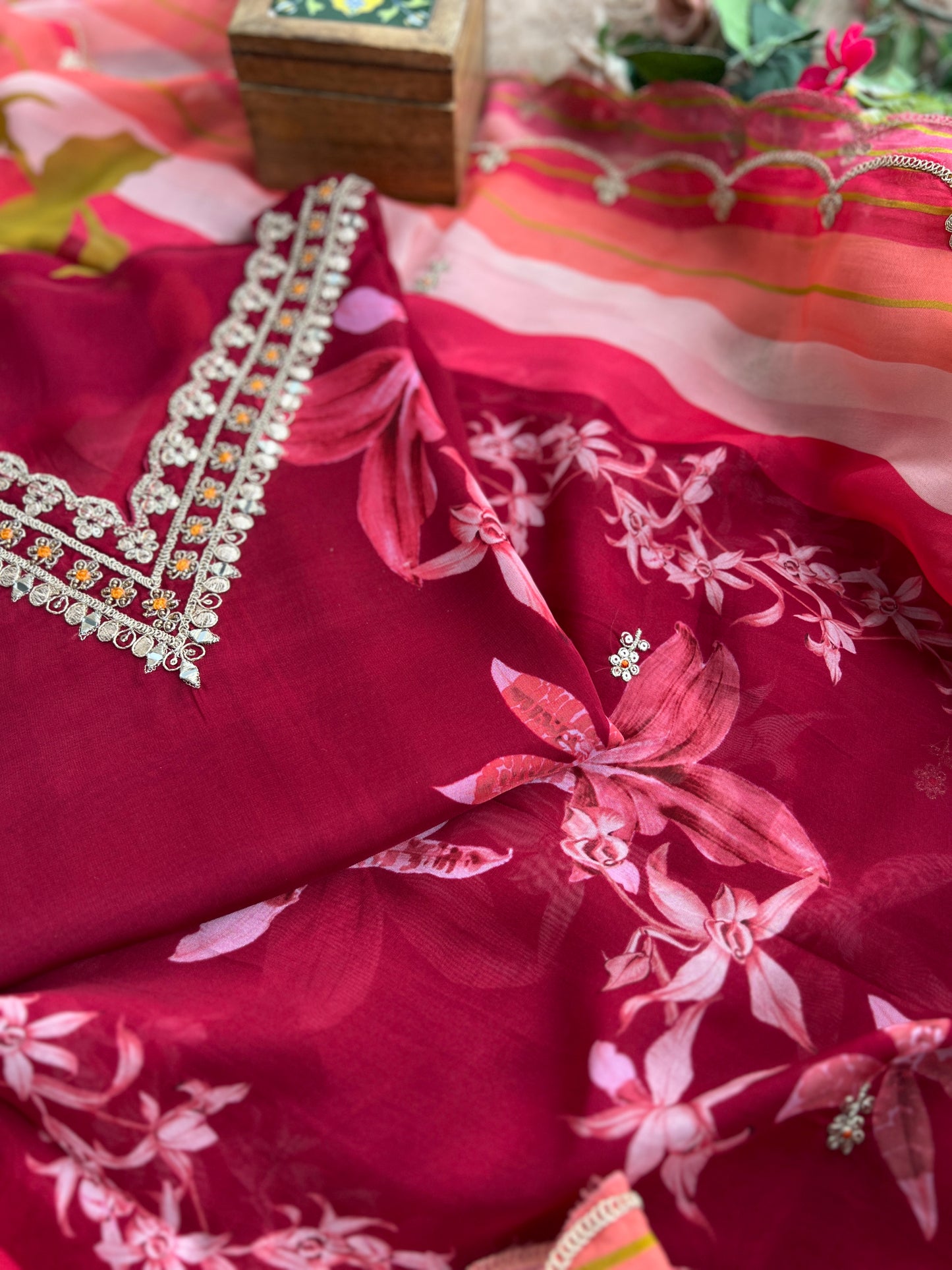 Red Floral Organza Semi-Stitched Salwar Suit