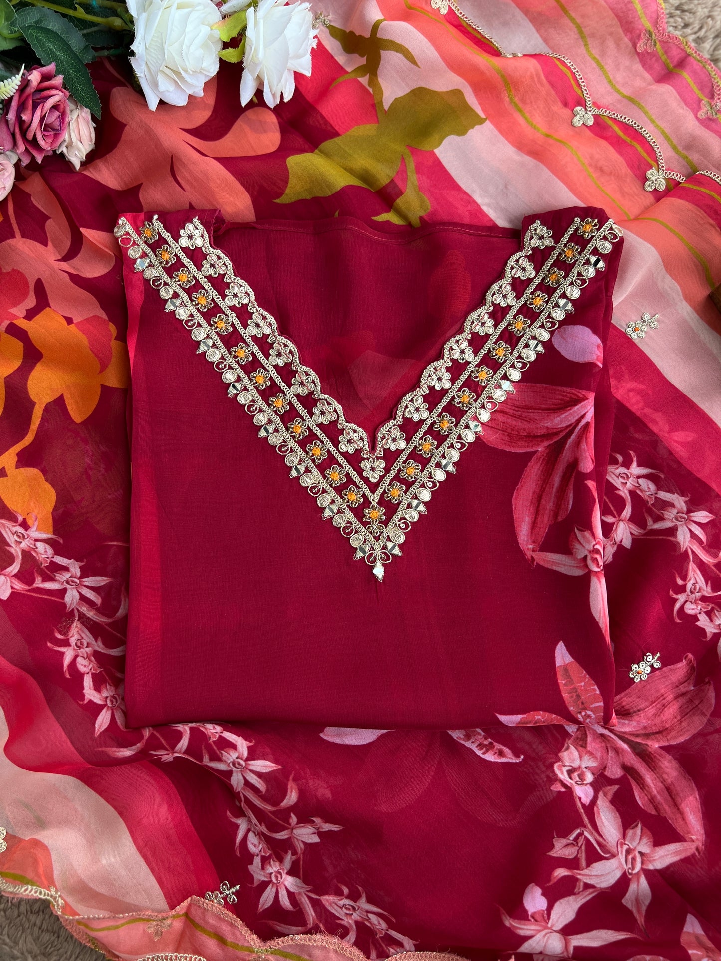 Red Floral Organza Semi-Stitched Salwar Suit
