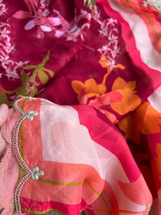 Red Floral Organza Semi-Stitched Salwar Suit