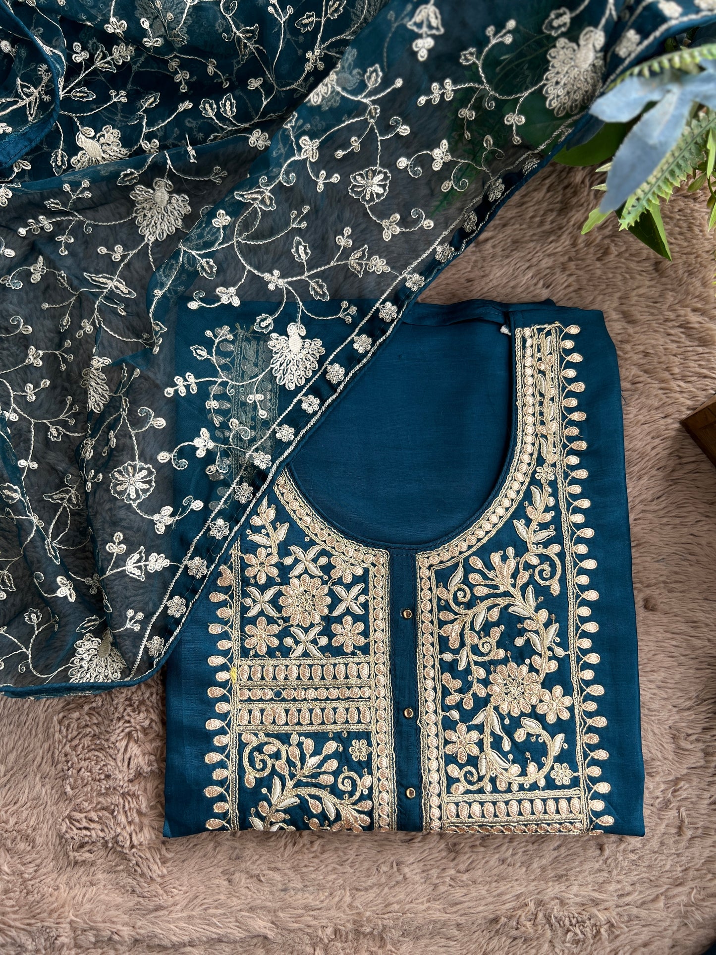 Teal Russian Silk Gota Pita Salwar Suit