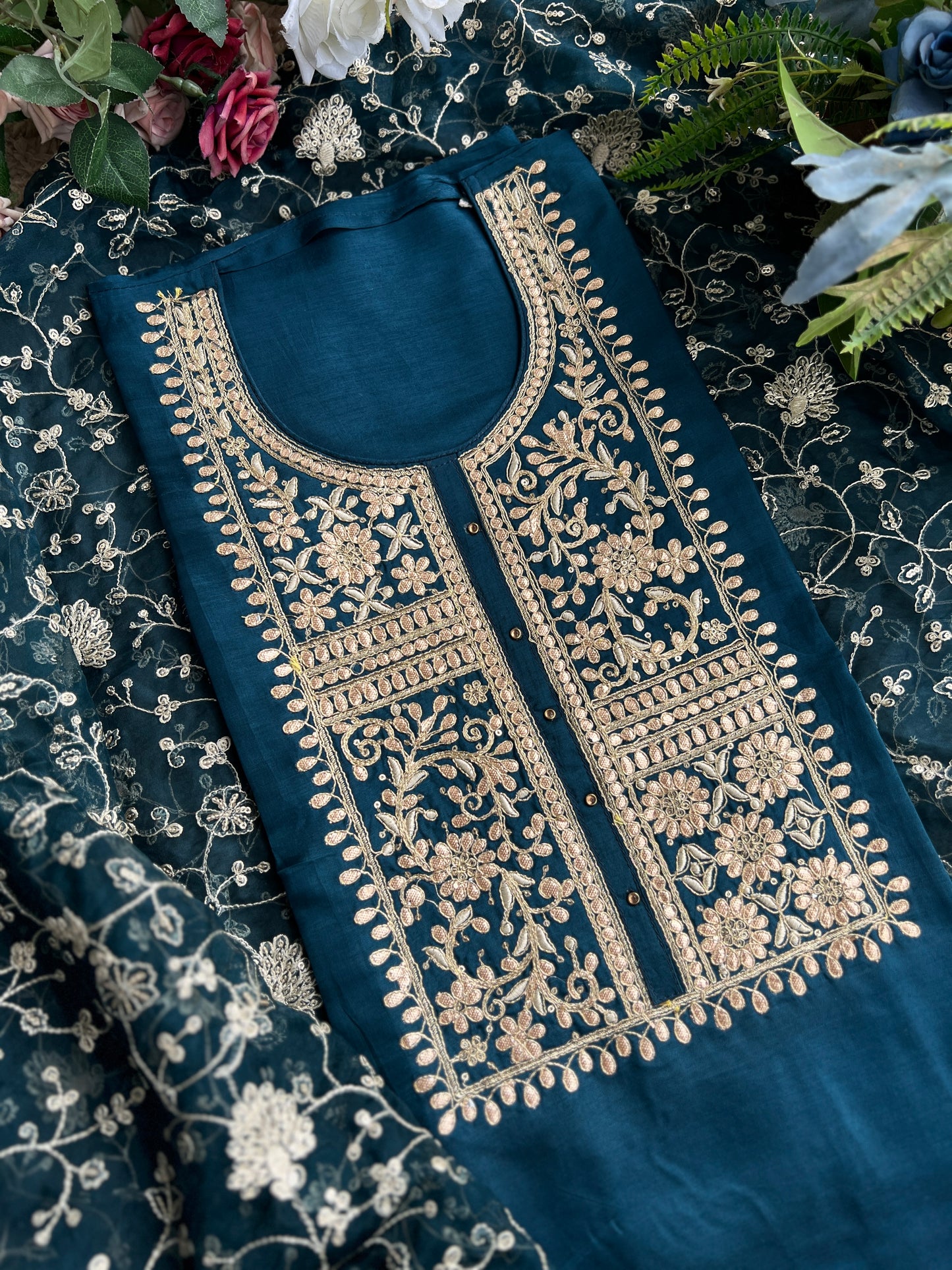 Teal Russian Silk Gota Pita Salwar Suit