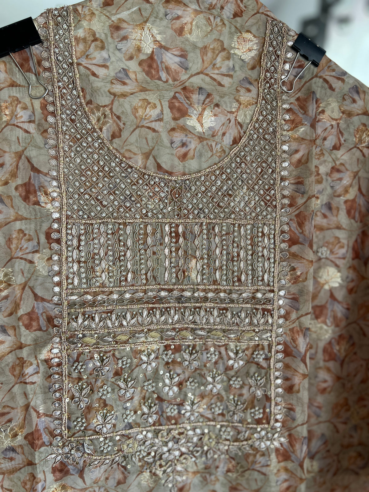 Light Olive Organza Hand Embroidered Salwar Suit