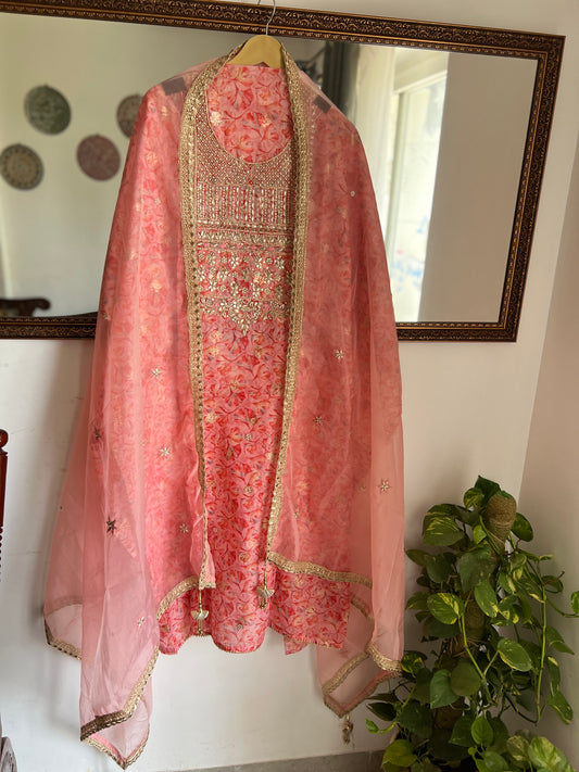 Pink Organza Hand Embroidered Salwar Suit
