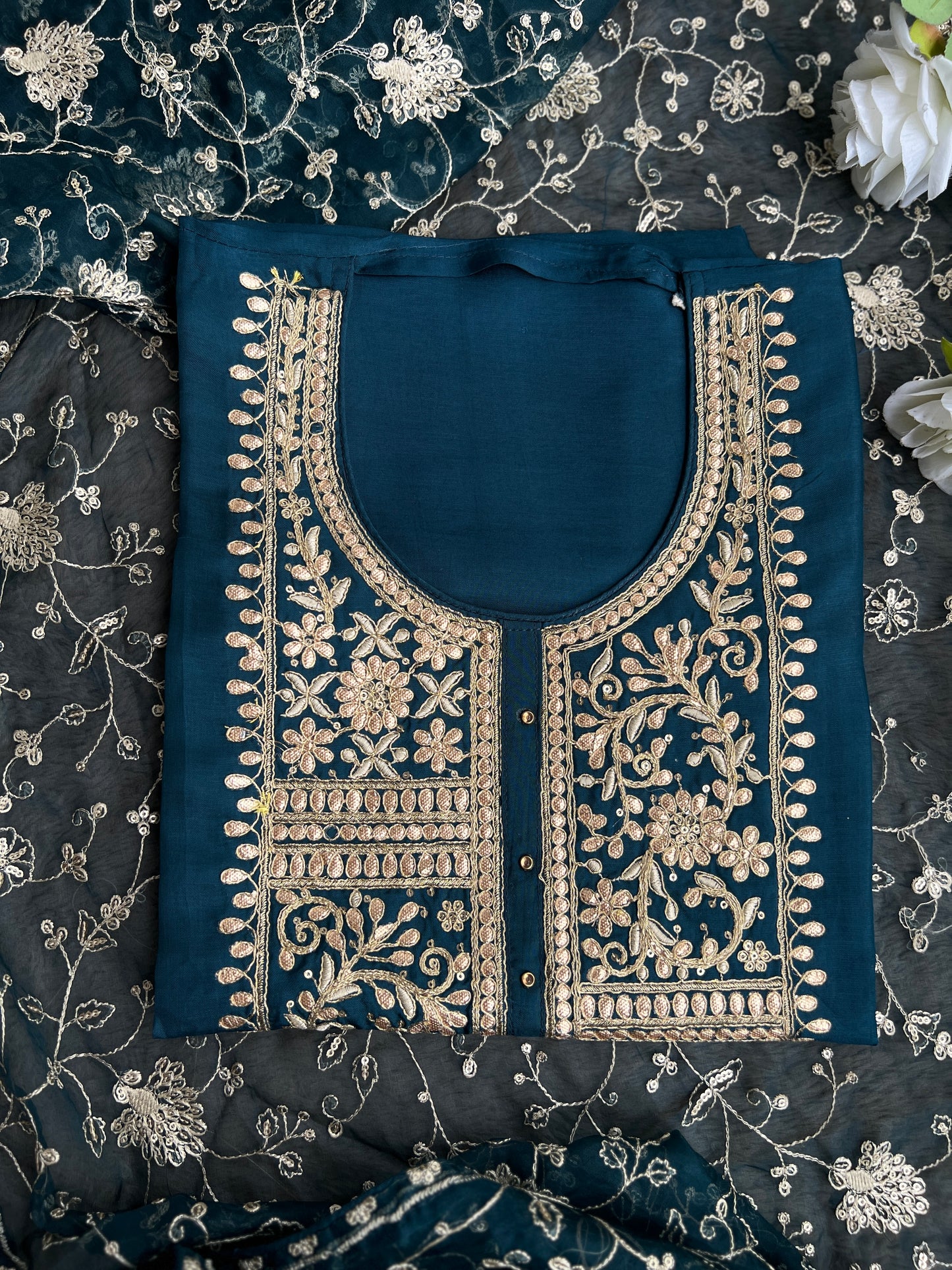 Teal Russian Silk Gota Pita Salwar Suit