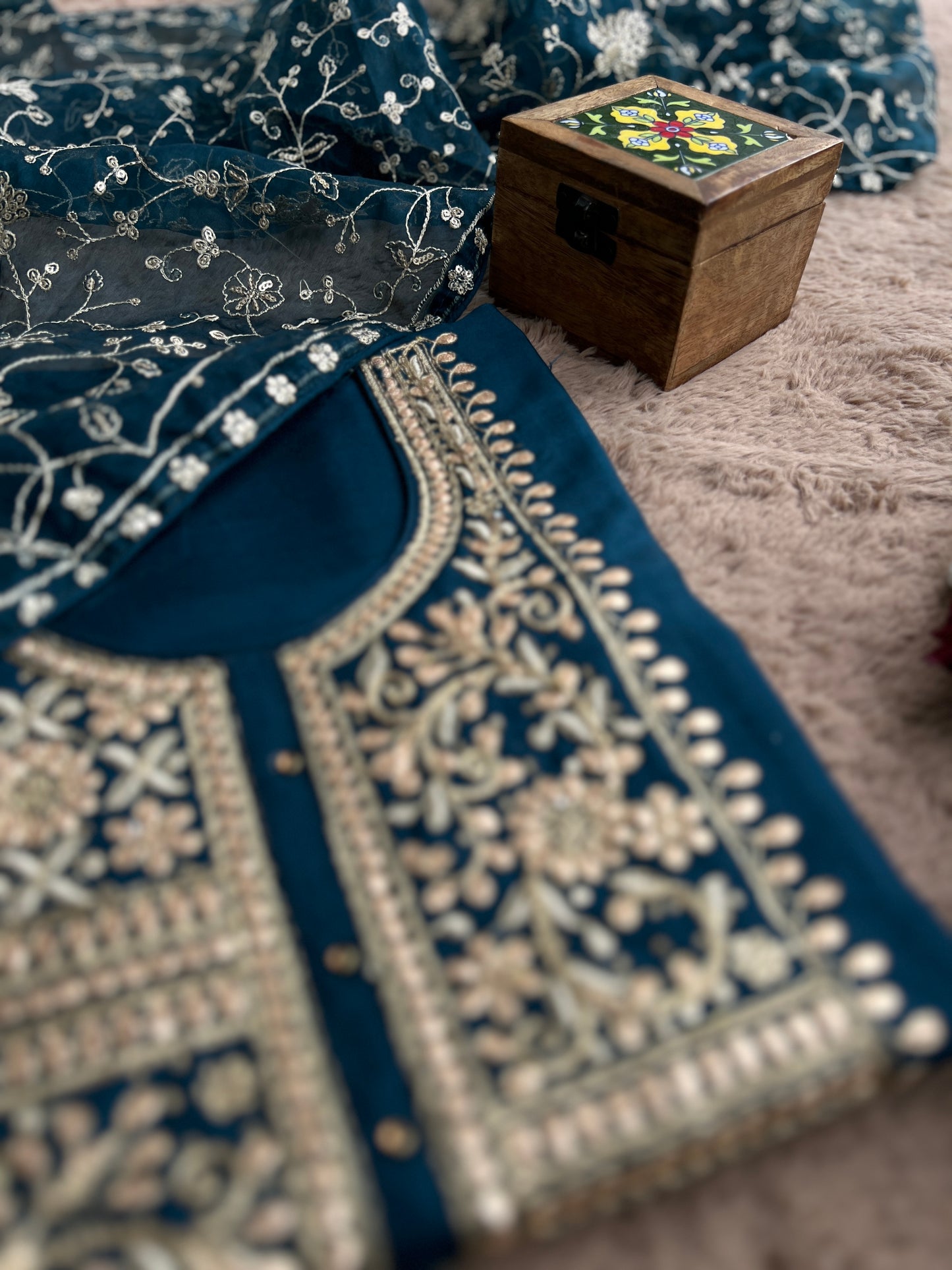 Teal Russian Silk Gota Pita Salwar Suit