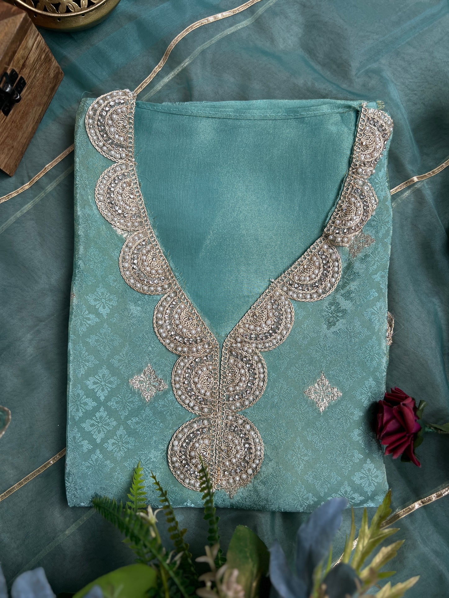 Shimmering Silk Top with Exquisite Lace & Gota Detailing