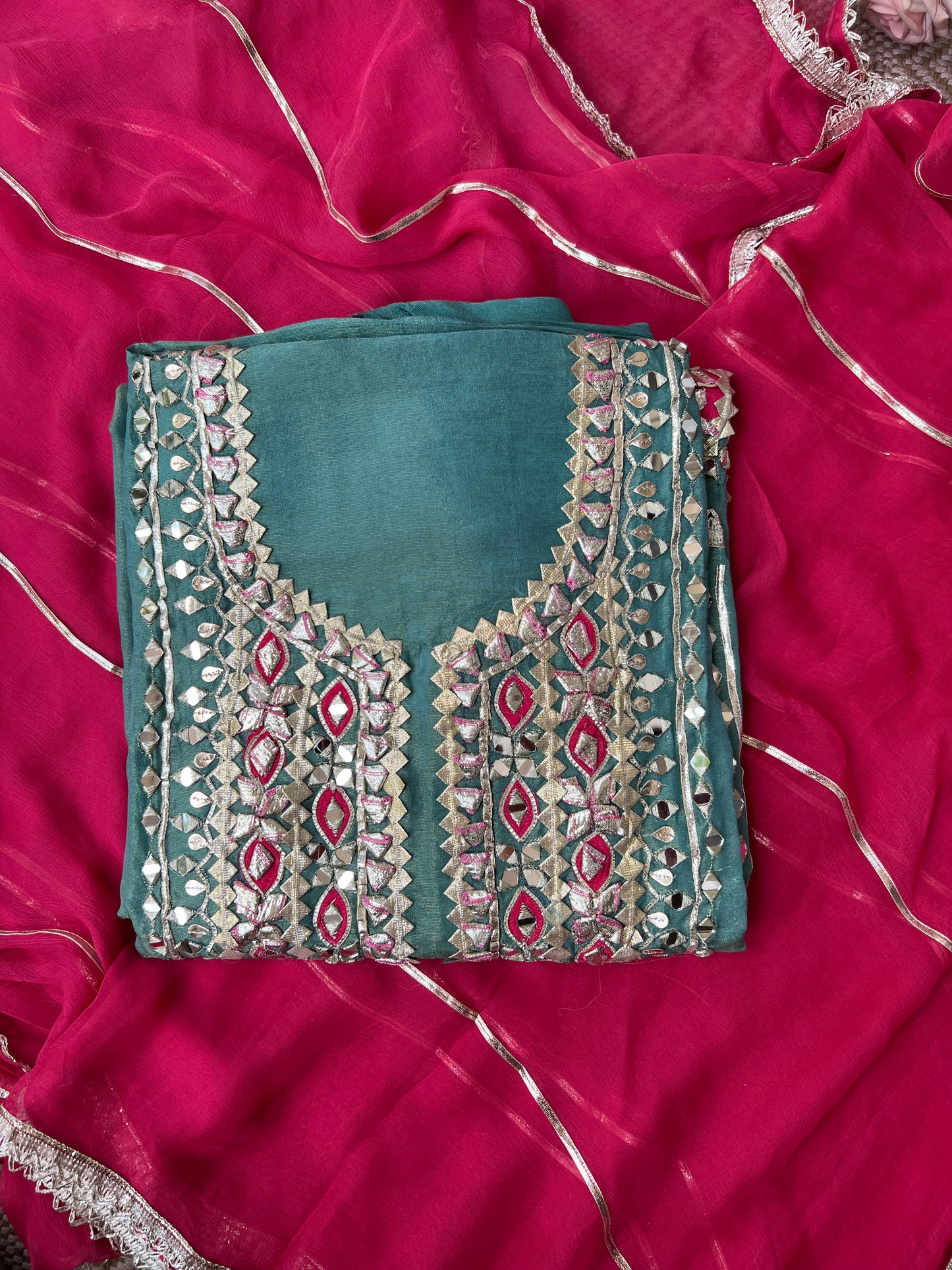 Radiant Shimmer Silk Suit with Gotapatti Elegance