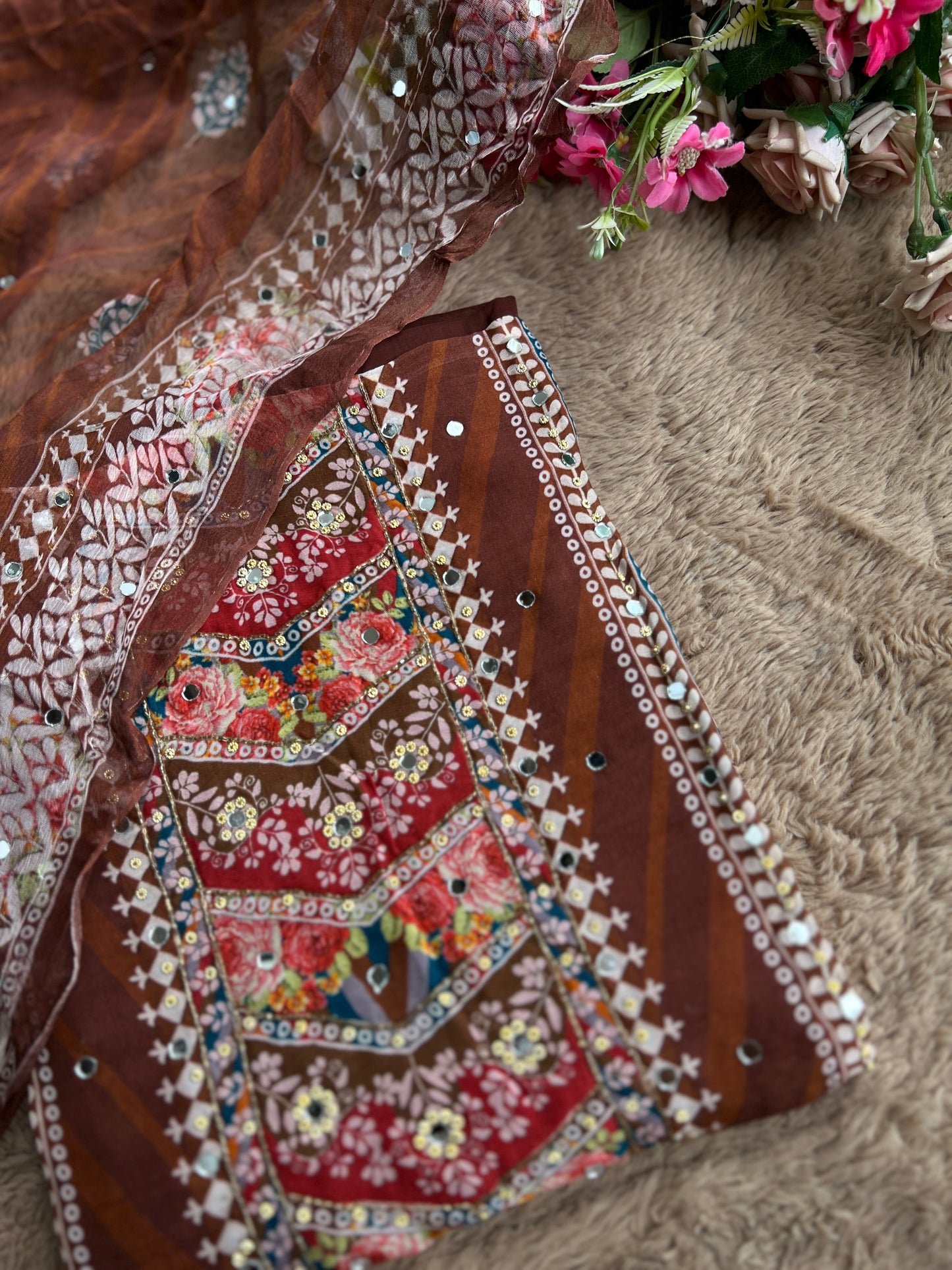 Rich Mocha Silk with Vibrant Mirror & Floral Embroidery