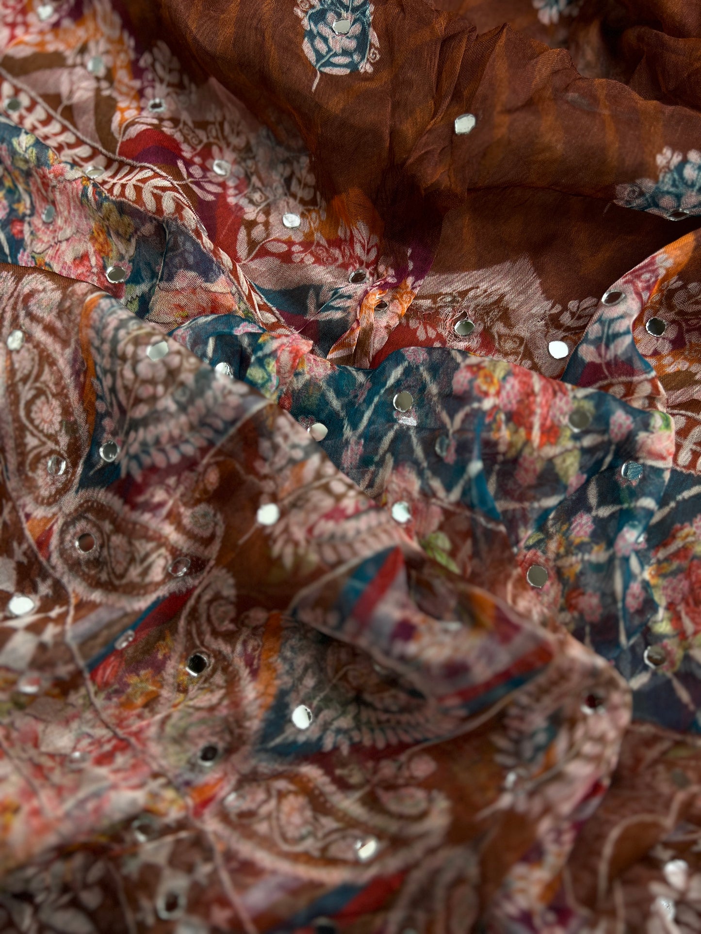 Rich Mocha Silk with Vibrant Mirror & Floral Embroidery