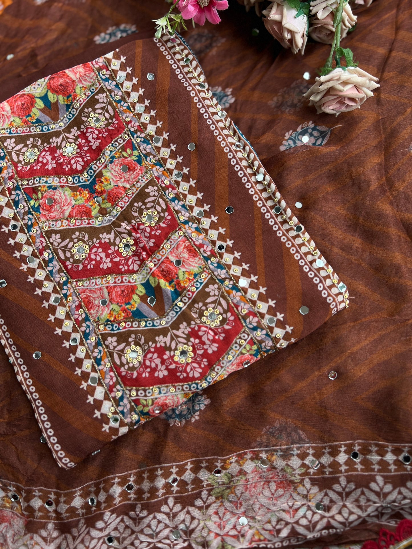 Rich Mocha Silk with Vibrant Mirror & Floral Embroidery