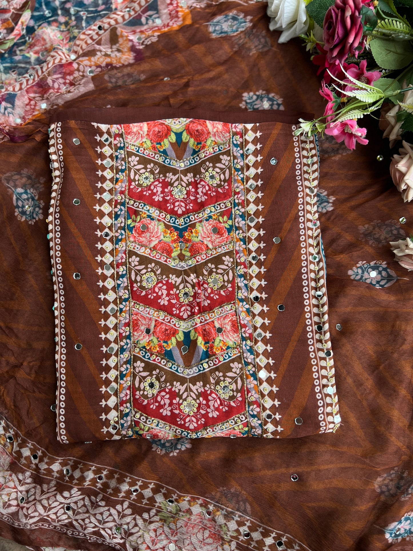 Rich Mocha Silk with Vibrant Mirror & Floral Embroidery