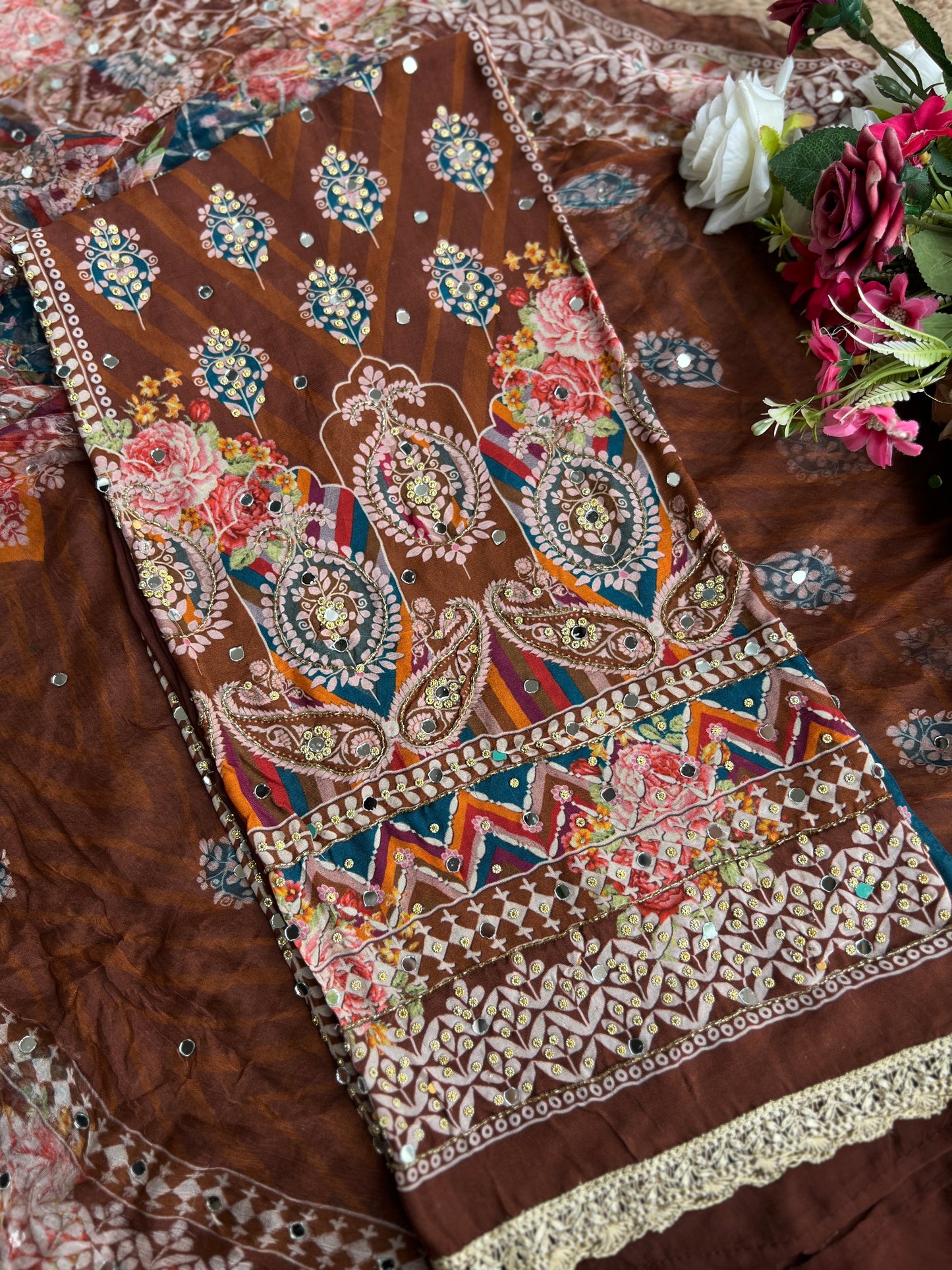 Rich Mocha Silk with Vibrant Mirror & Floral Embroidery