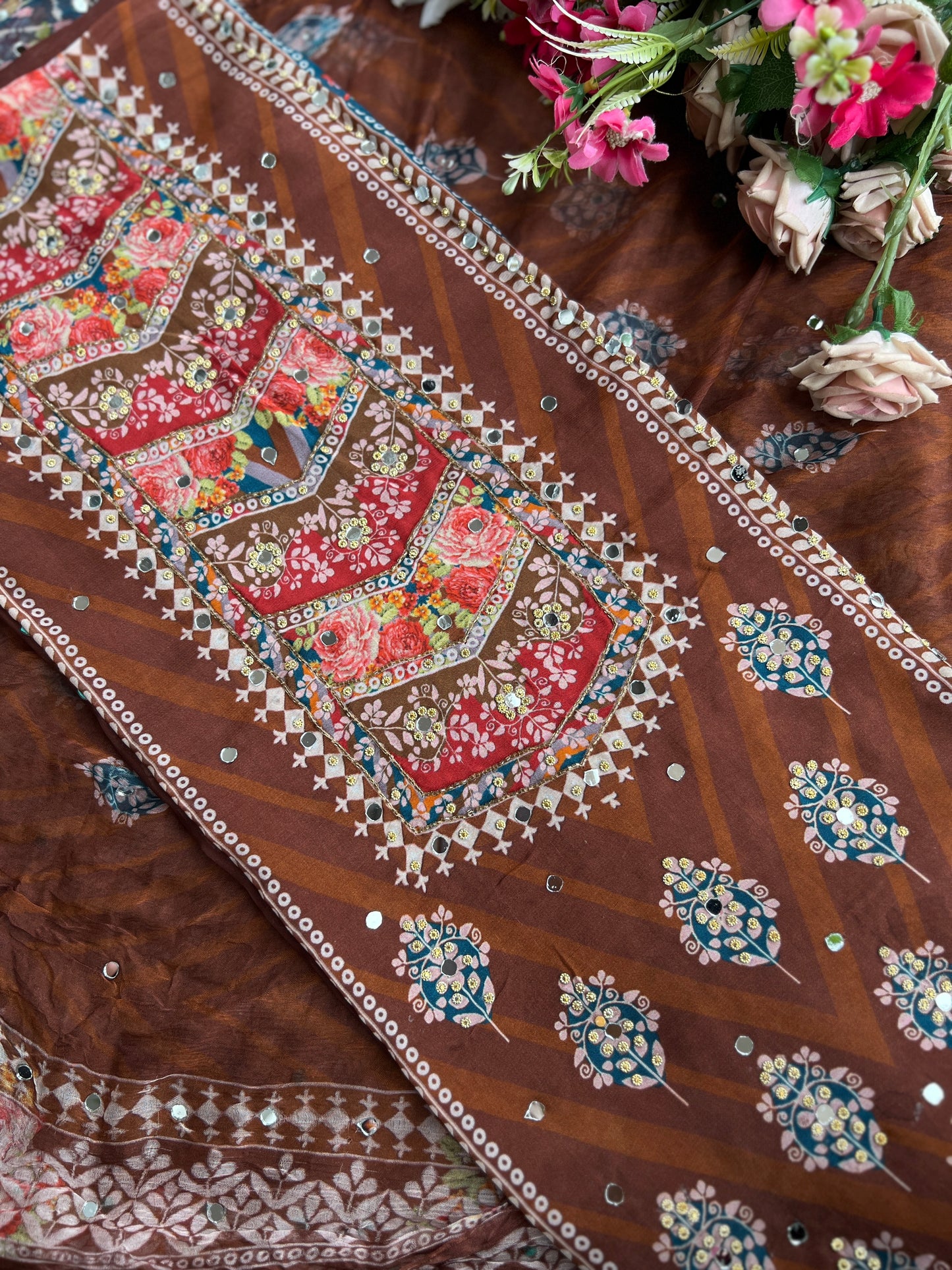 Rich Mocha Silk with Vibrant Mirror & Floral Embroidery