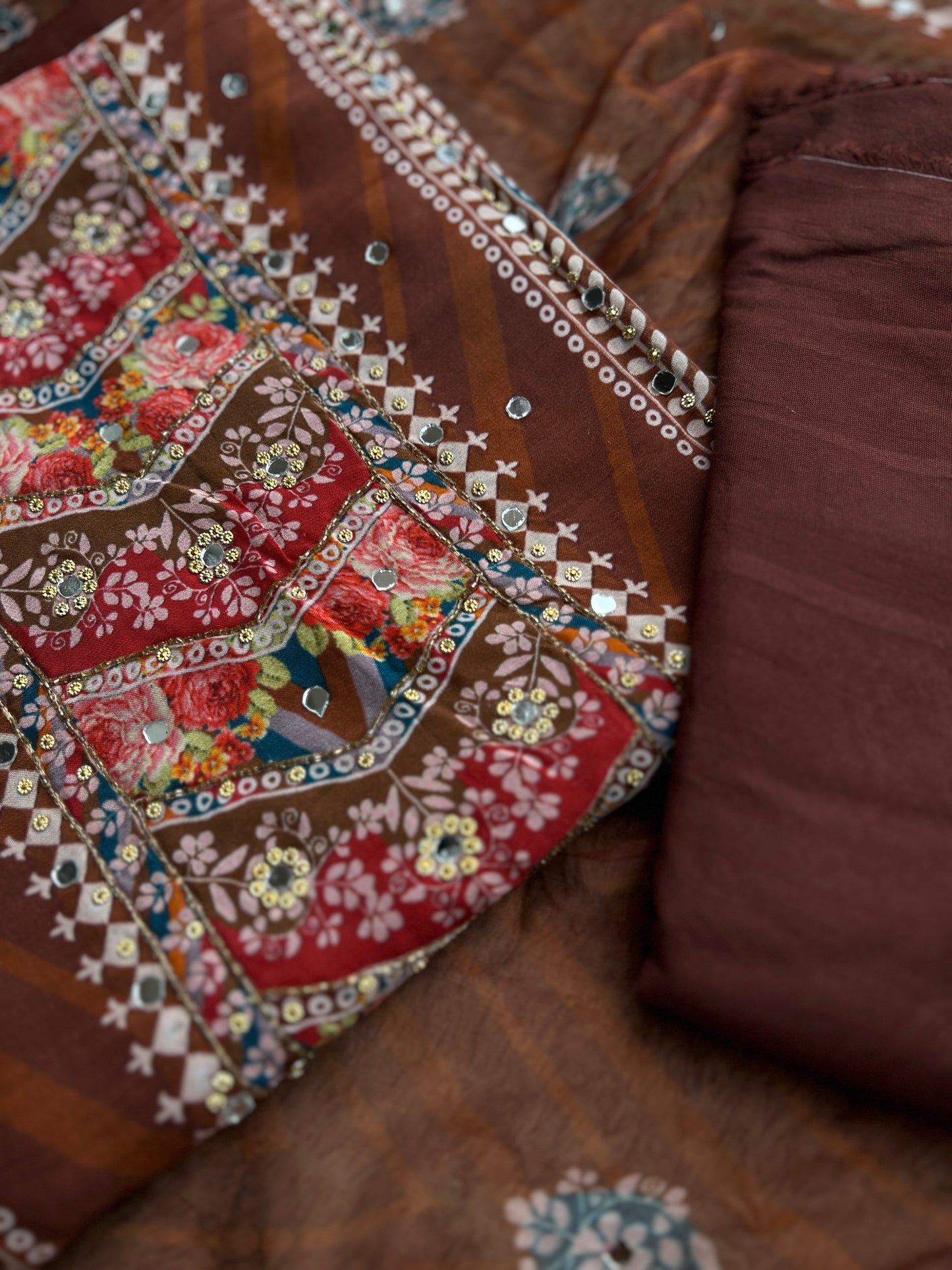 Rich Mocha Silk with Vibrant Mirror & Floral Embroidery