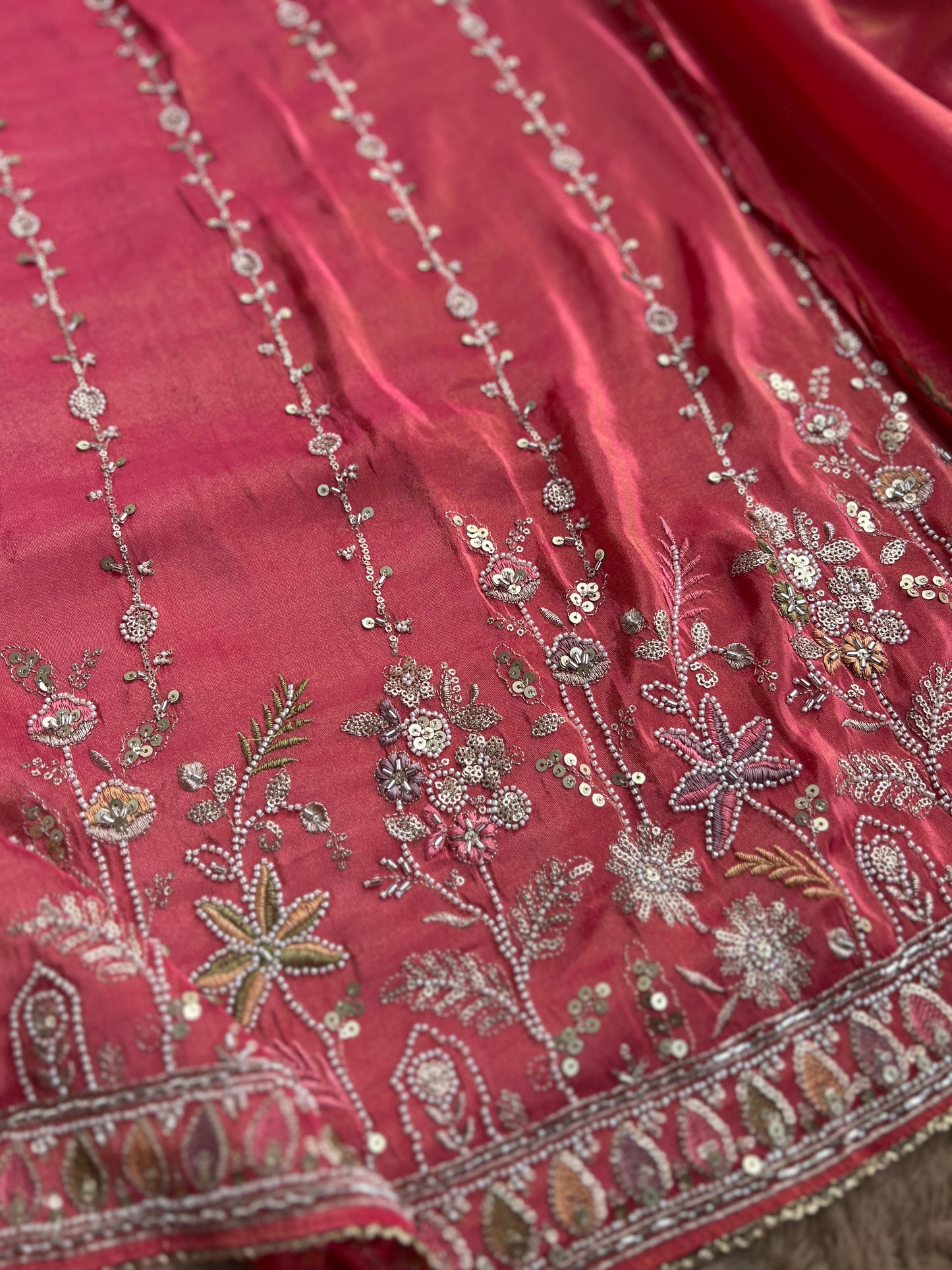Shimmering Silk Elegance with Beaded Pearl Accents