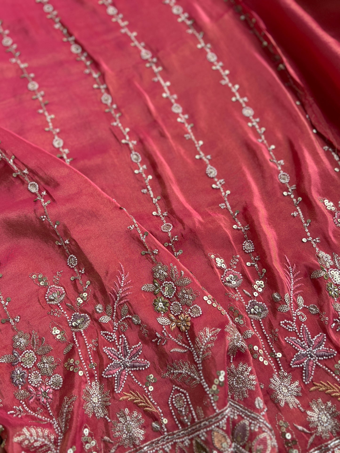 Shimmering Silk Elegance with Beaded Pearl Accents