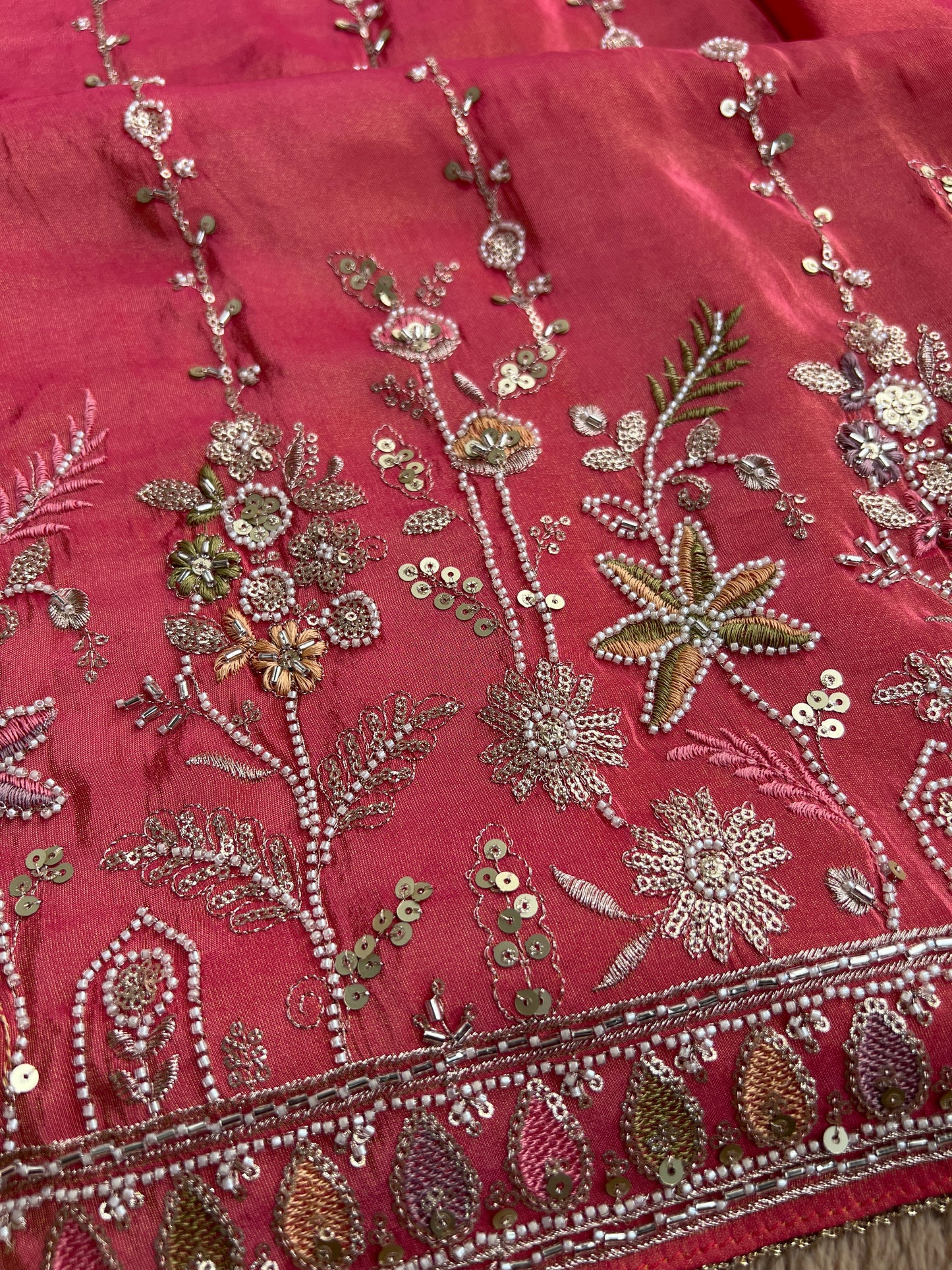 Shimmering Silk Elegance with Beaded Pearl Accents