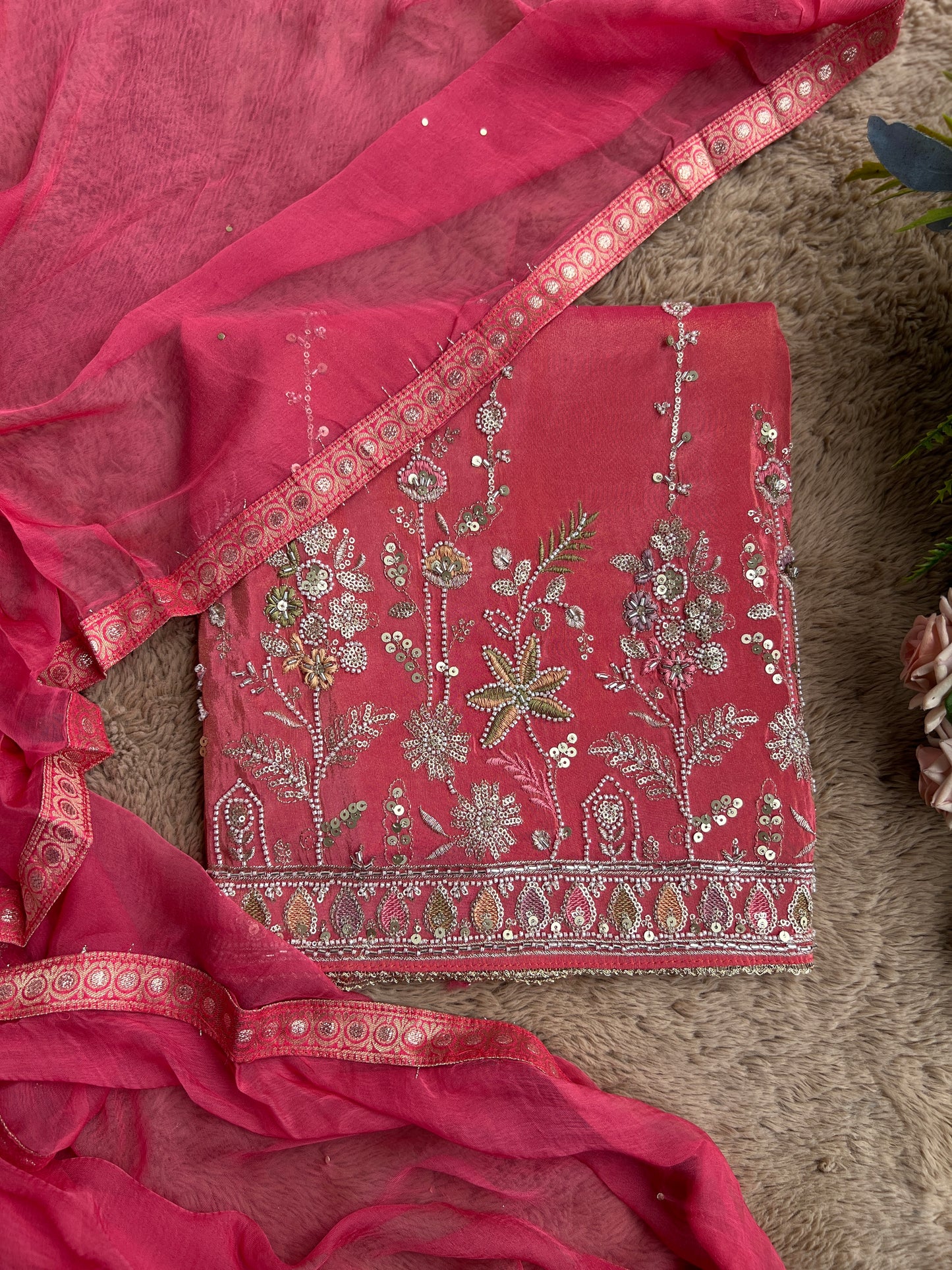 Shimmering Silk Elegance with Beaded Pearl Accents