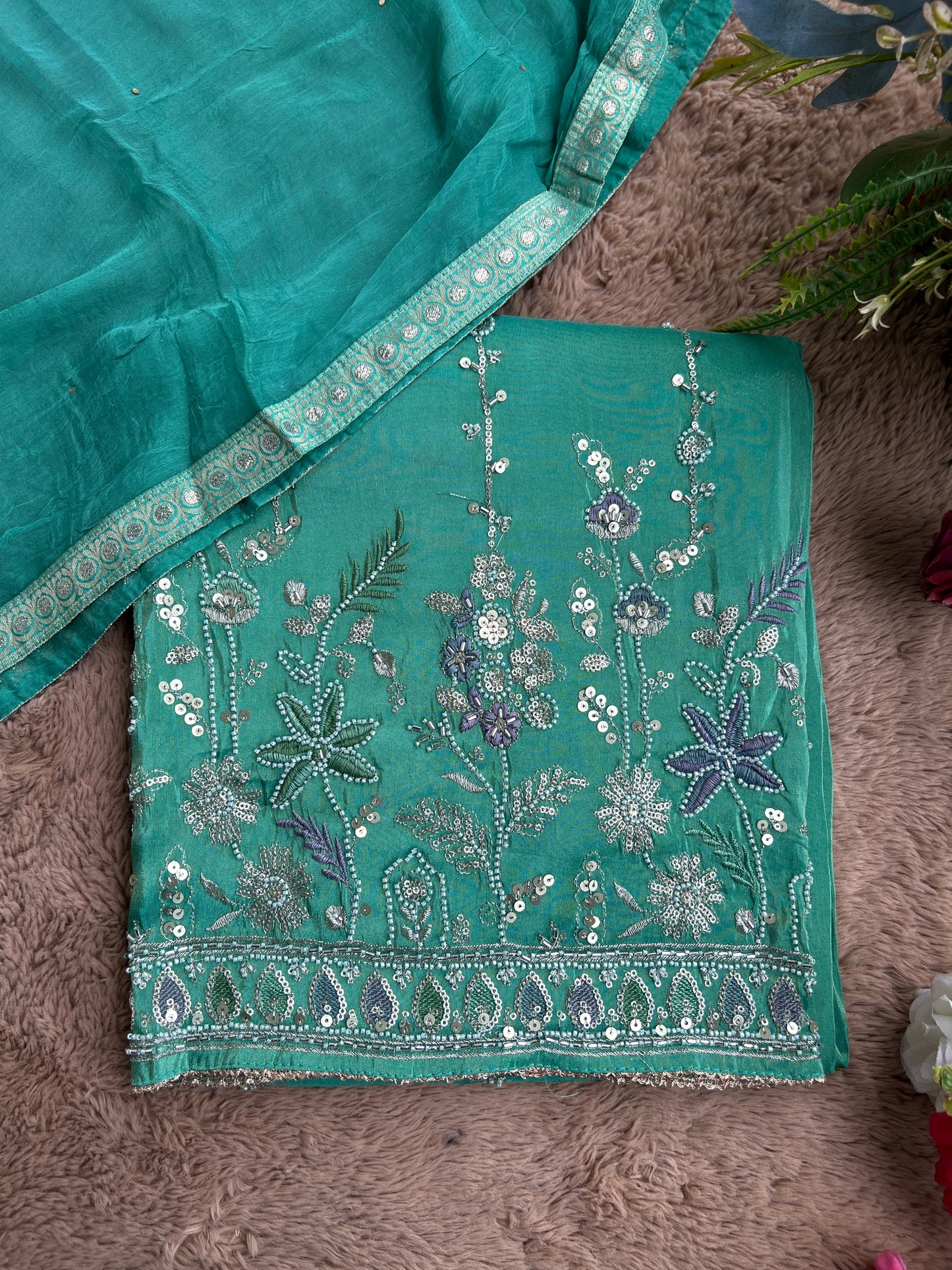 Shimmering Silk Elegance with Beaded Pearl Accents