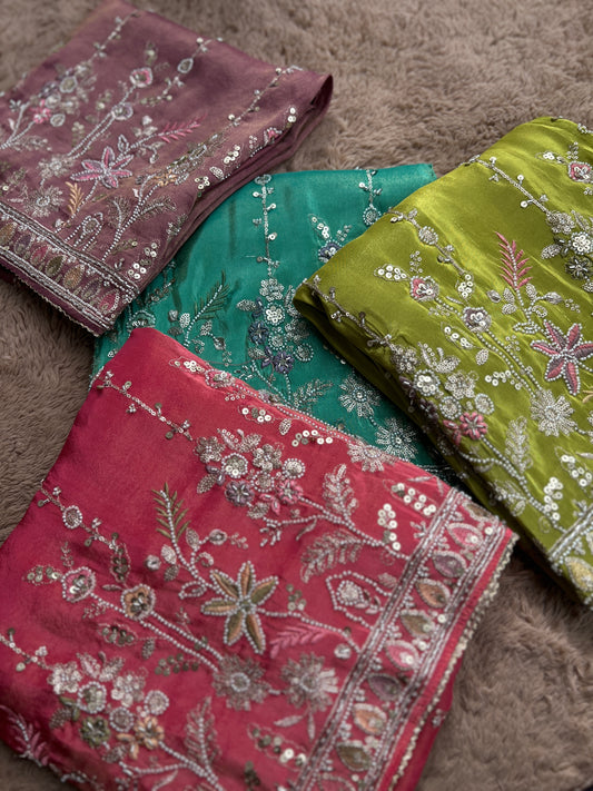 Shimmering Silk Elegance with Beaded Pearl Accents