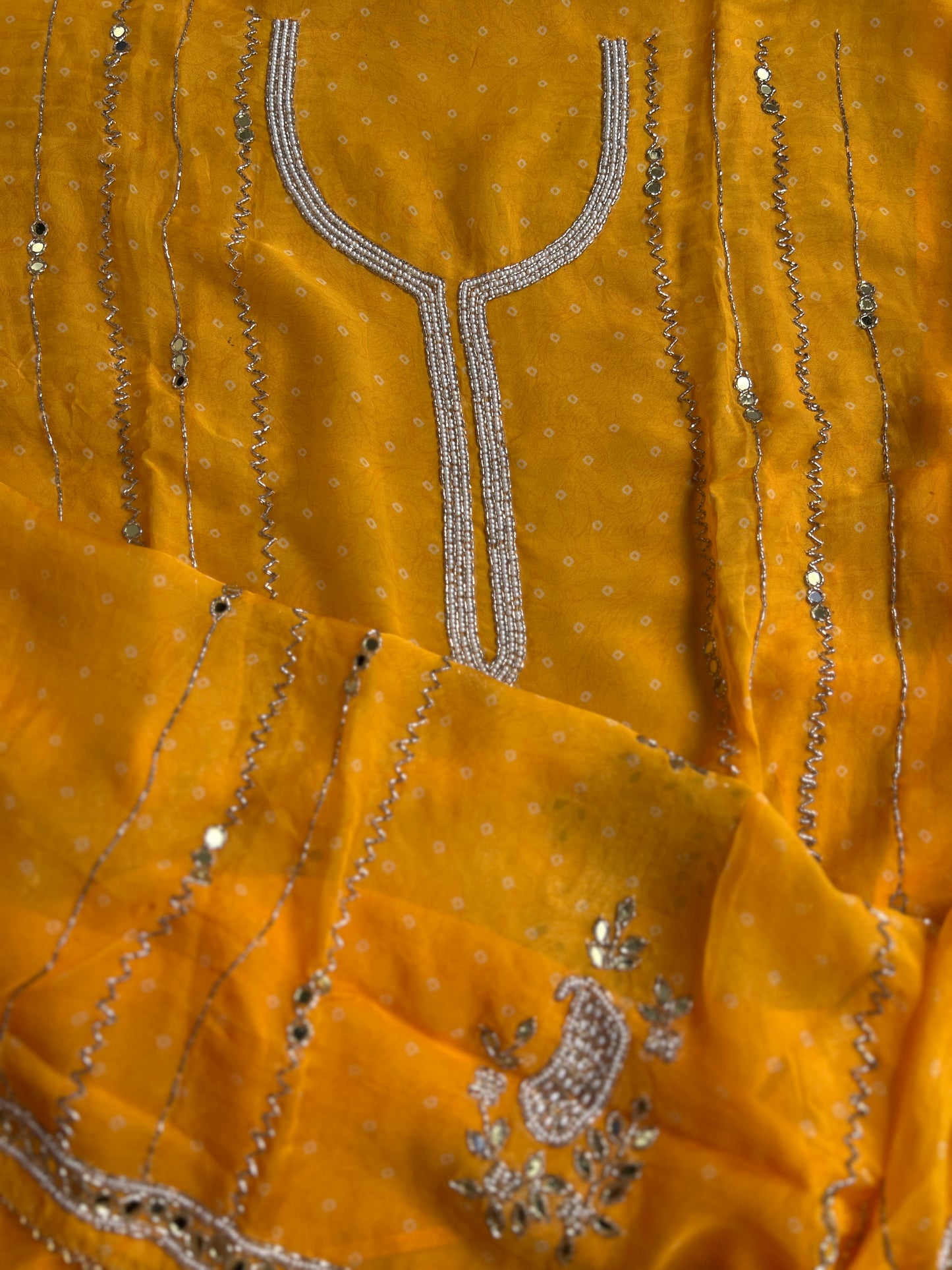 Yellow Georgette Organza with Mirror & Pearl