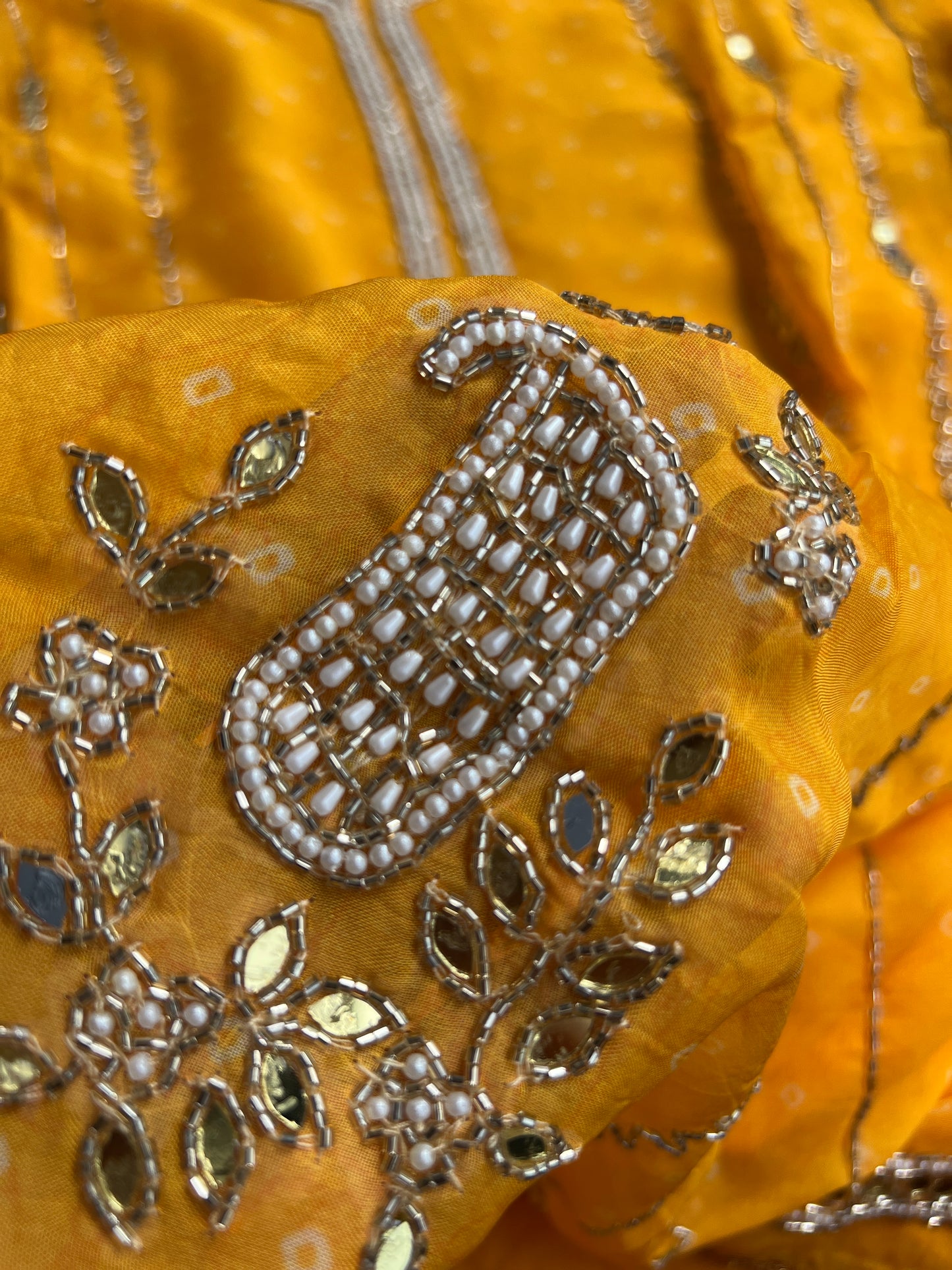 Yellow Georgette Organza with Mirror & Pearl