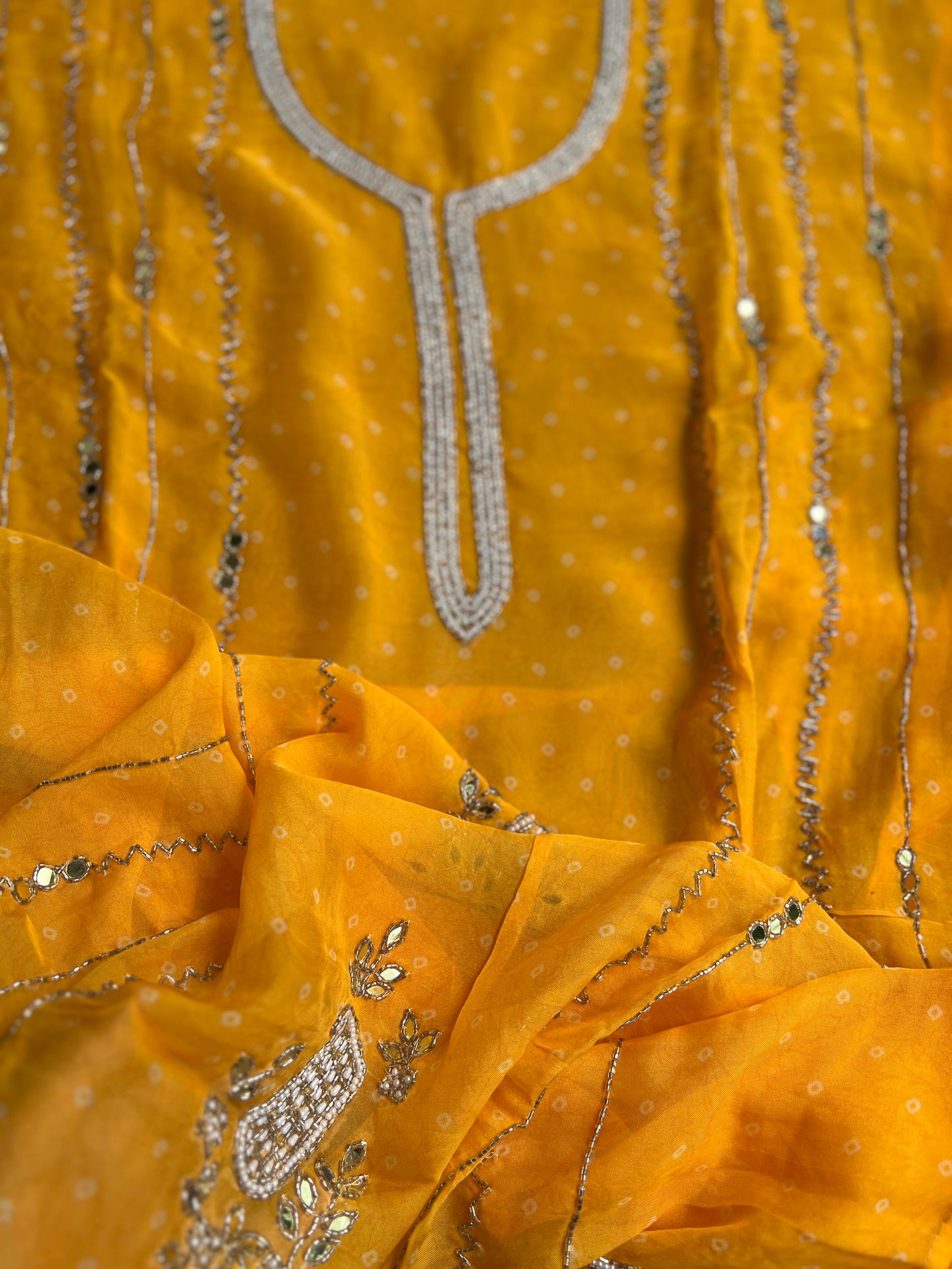Yellow Georgette Organza with Mirror & Pearl