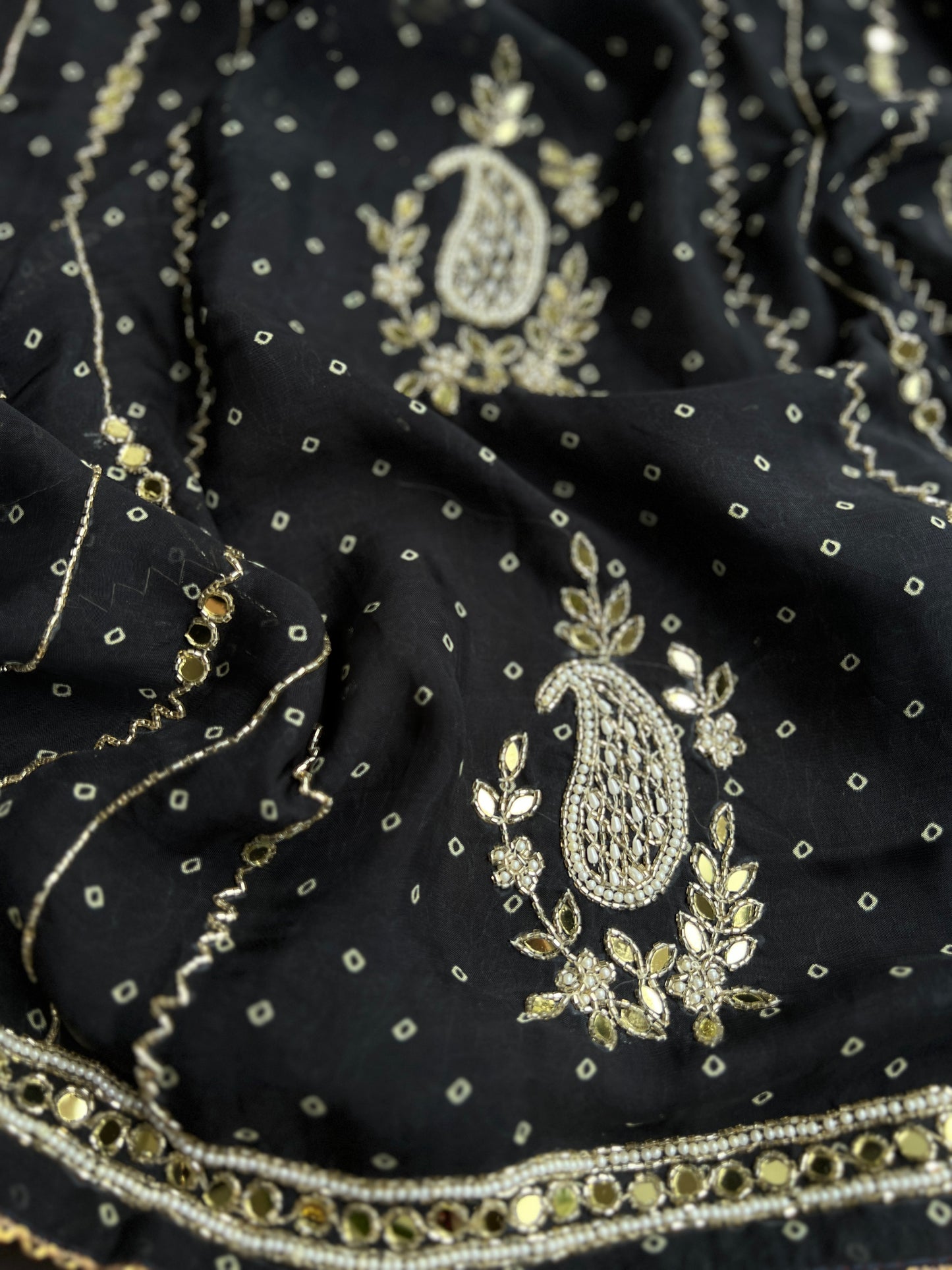 Black Georgette Organza with Mirror & Pearl Detailing