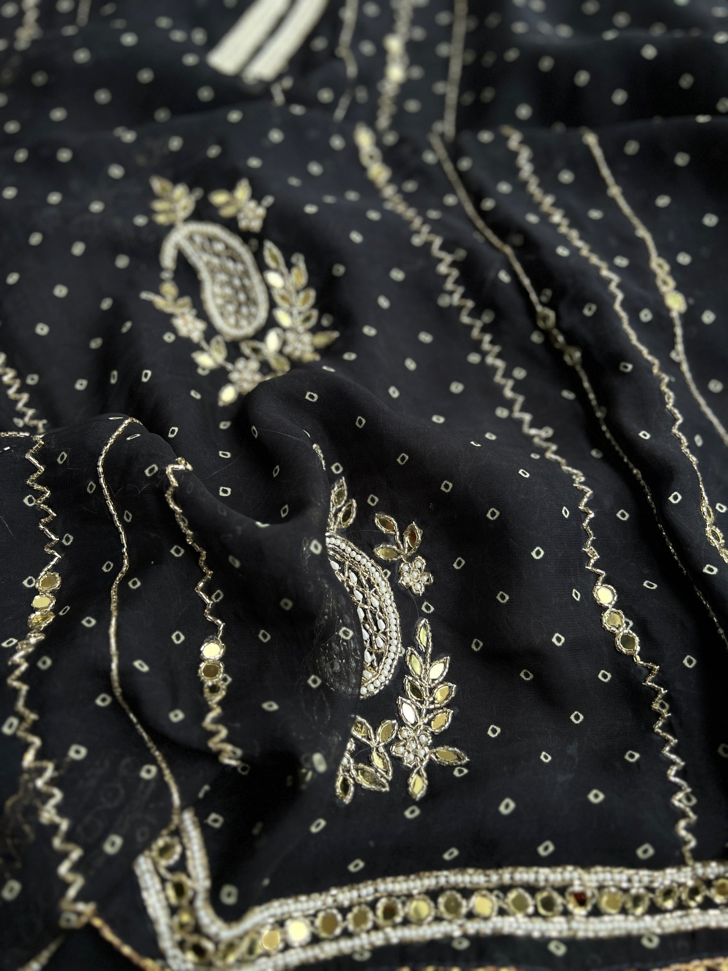 Black Georgette Organza with Mirror & Pearl Detailing
